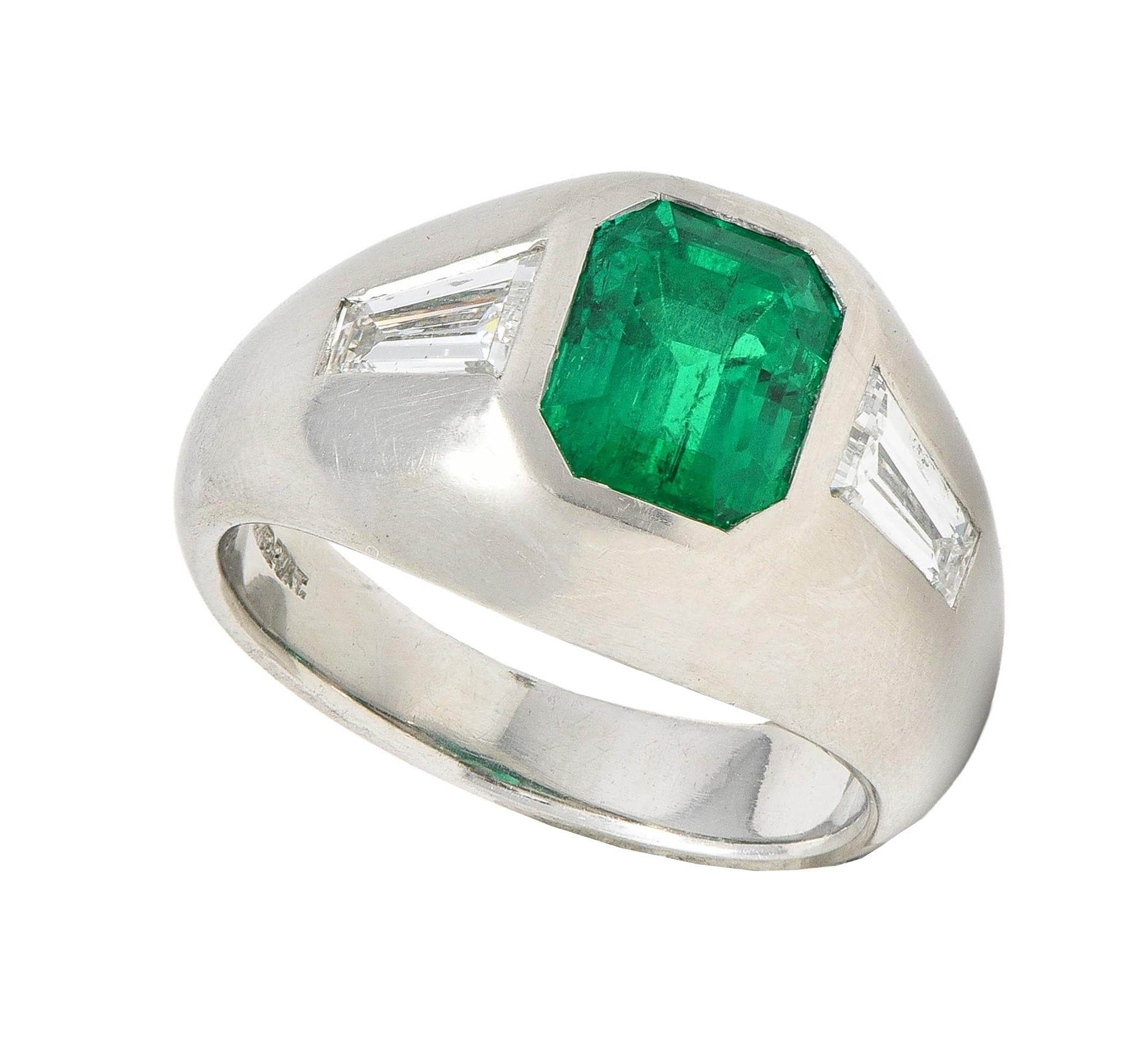 1960's 3.70 CTW Emerald Diamond Platinum Vintage Three Stone Ring