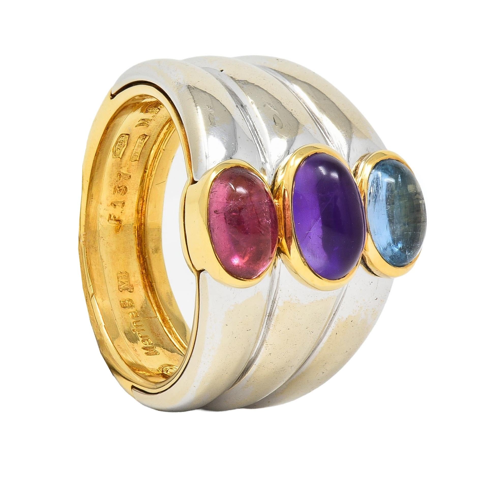 Marina B. 1980's Tourmaline Amethyst Topaz 18 Karat Two-Tone Gold Vintage Ring