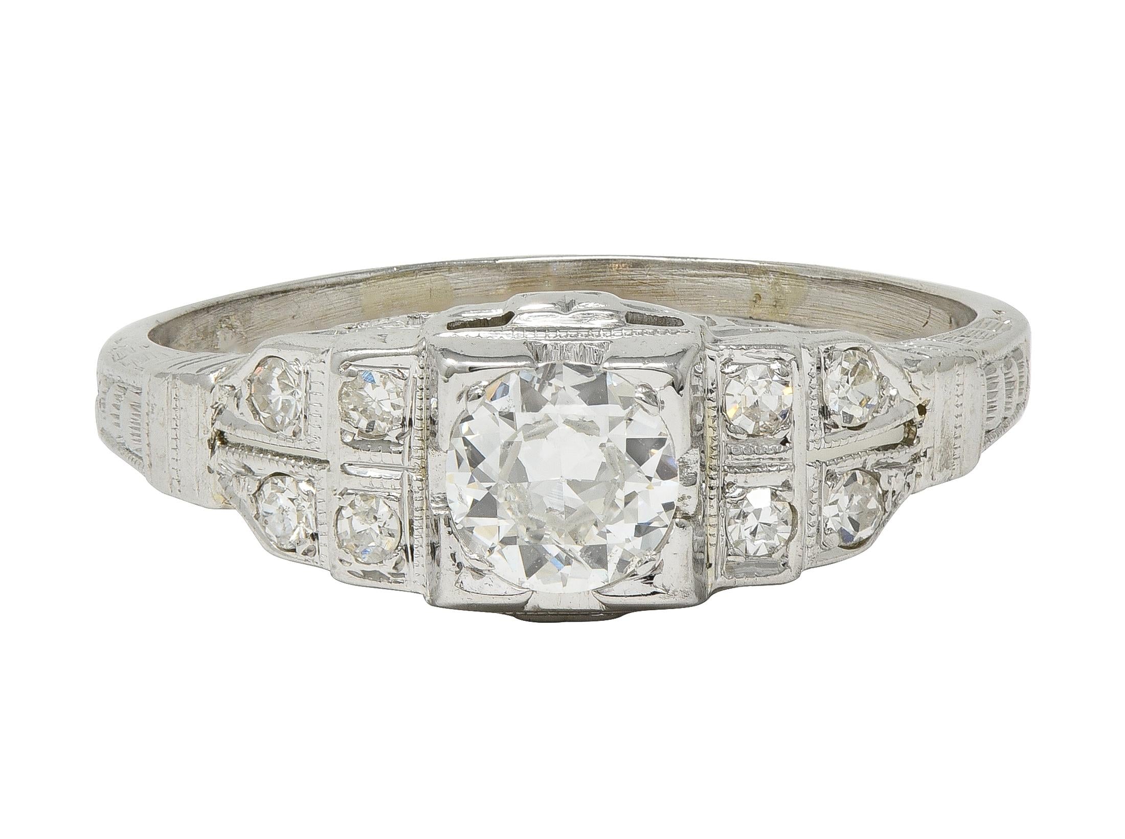 Art Deco Old European Cut Diamond 18K White Gold Vintage Stepped Engagement Ring
