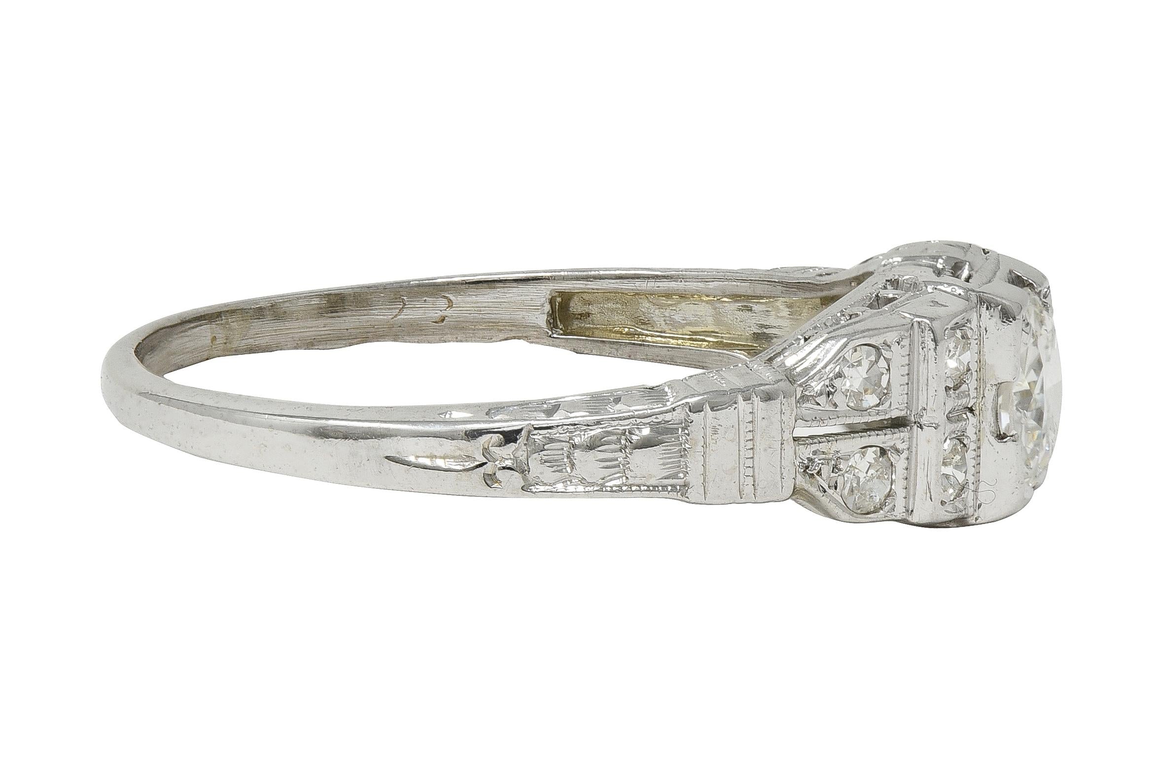 Art Deco Old European Cut Diamond 18K White Gold Vintage Stepped Engagement Ring