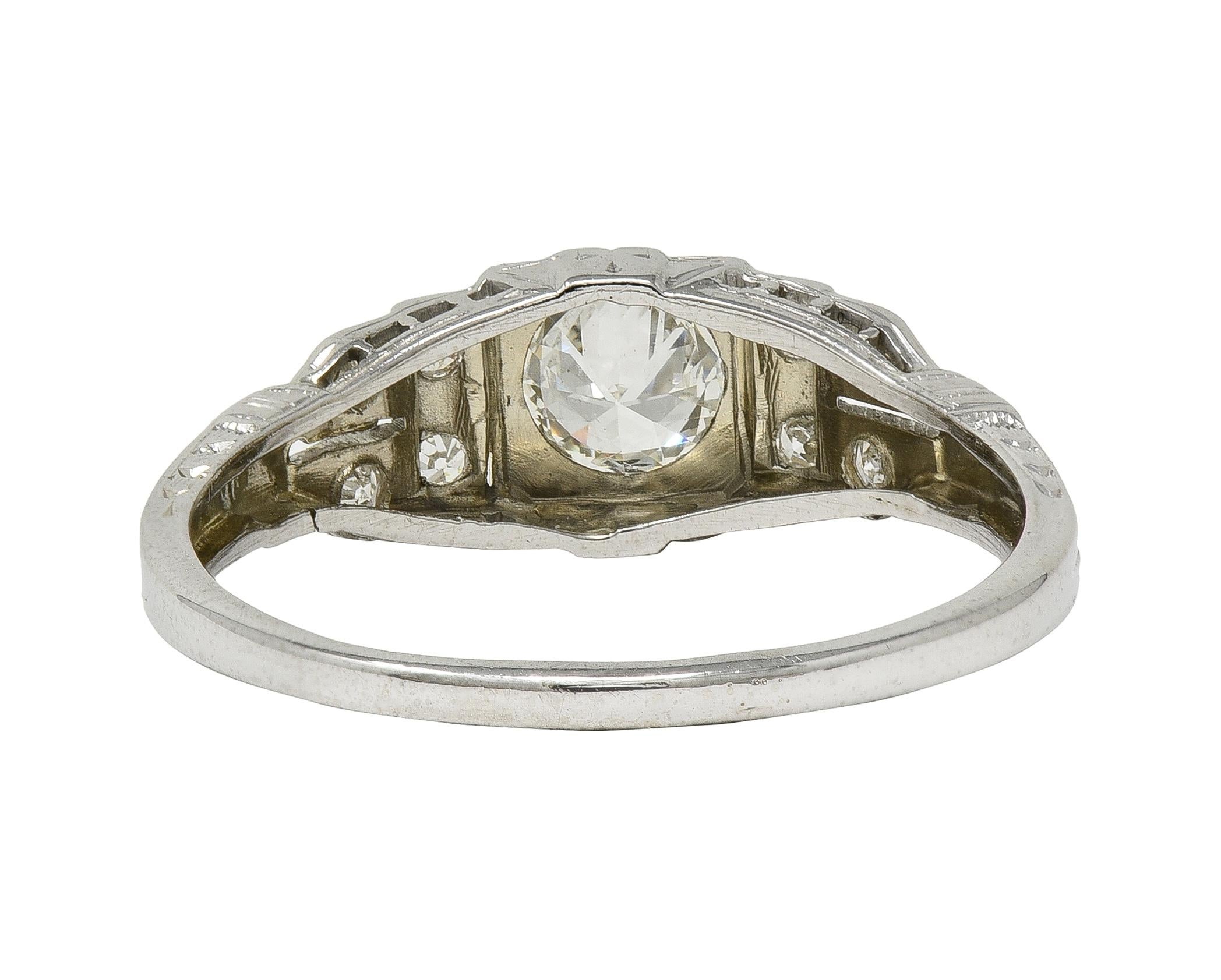 Art Deco Old European Cut Diamond 18K White Gold Vintage Stepped Engagement Ring