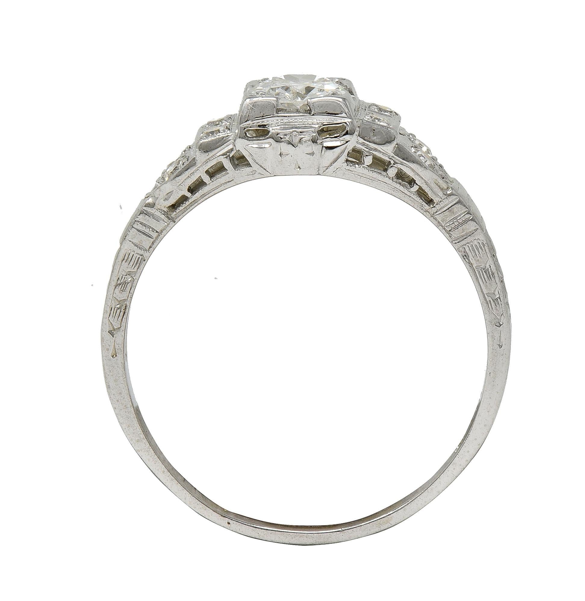 Art Deco Old European Cut Diamond 18K White Gold Vintage Stepped Engagement Ring