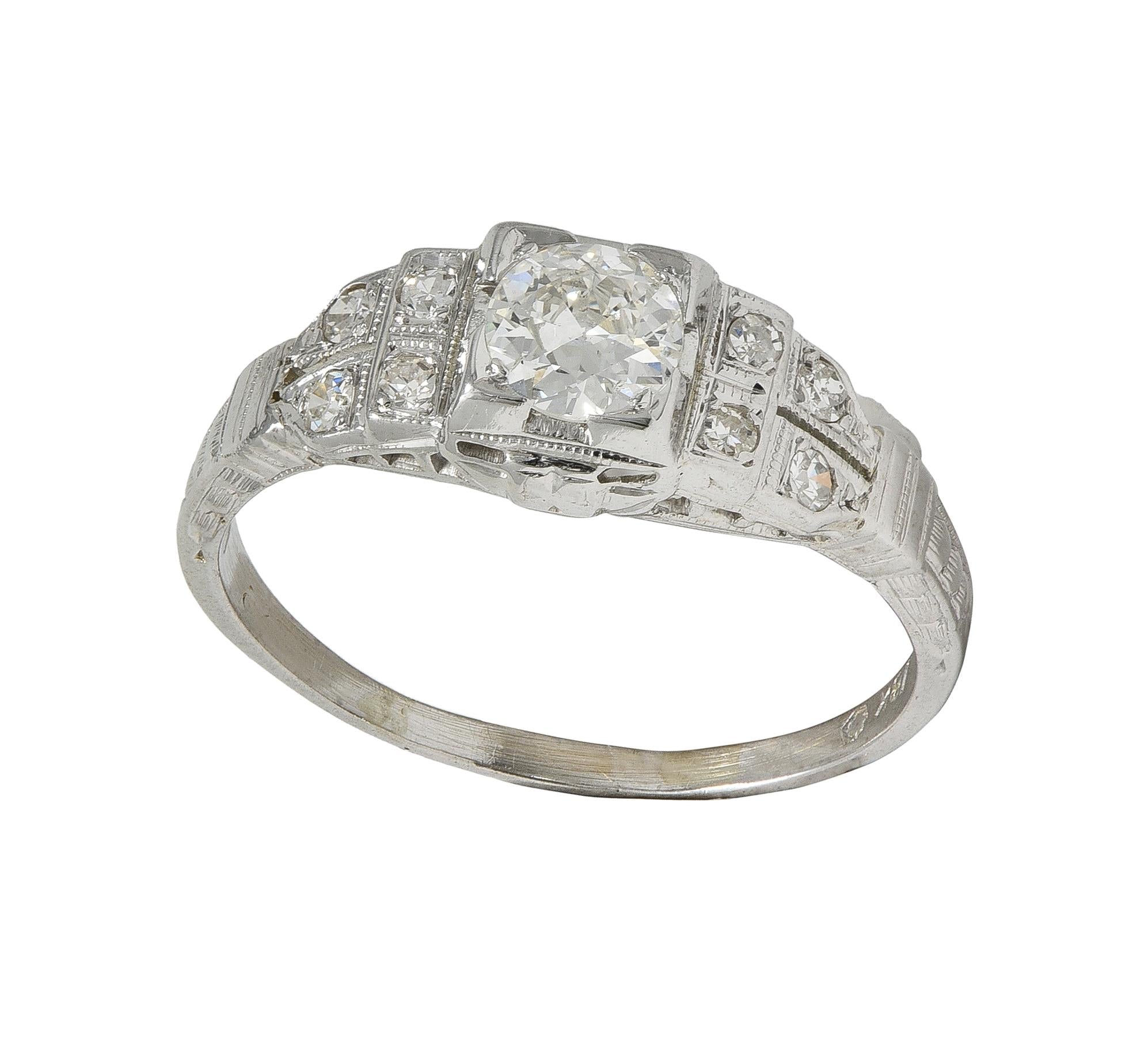 Art Deco Old European Cut Diamond 18K White Gold Vintage Stepped Engagement Ring