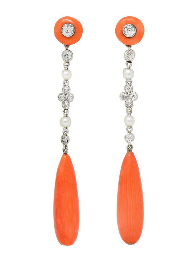 Art Deco Old European Cut Diamond Coral Pearl Platinum Antique Drop Earrings