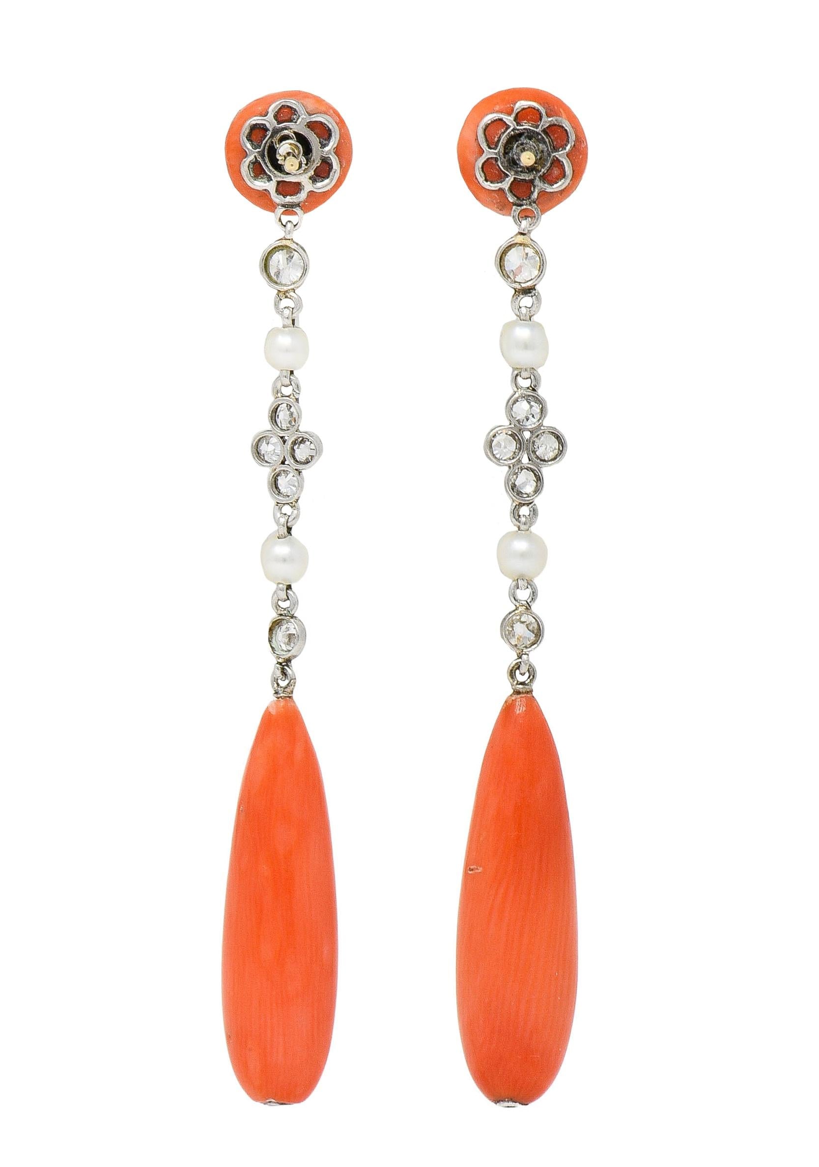 Art Deco Old European Cut Diamond Coral Pearl Platinum Antique Drop Earrings