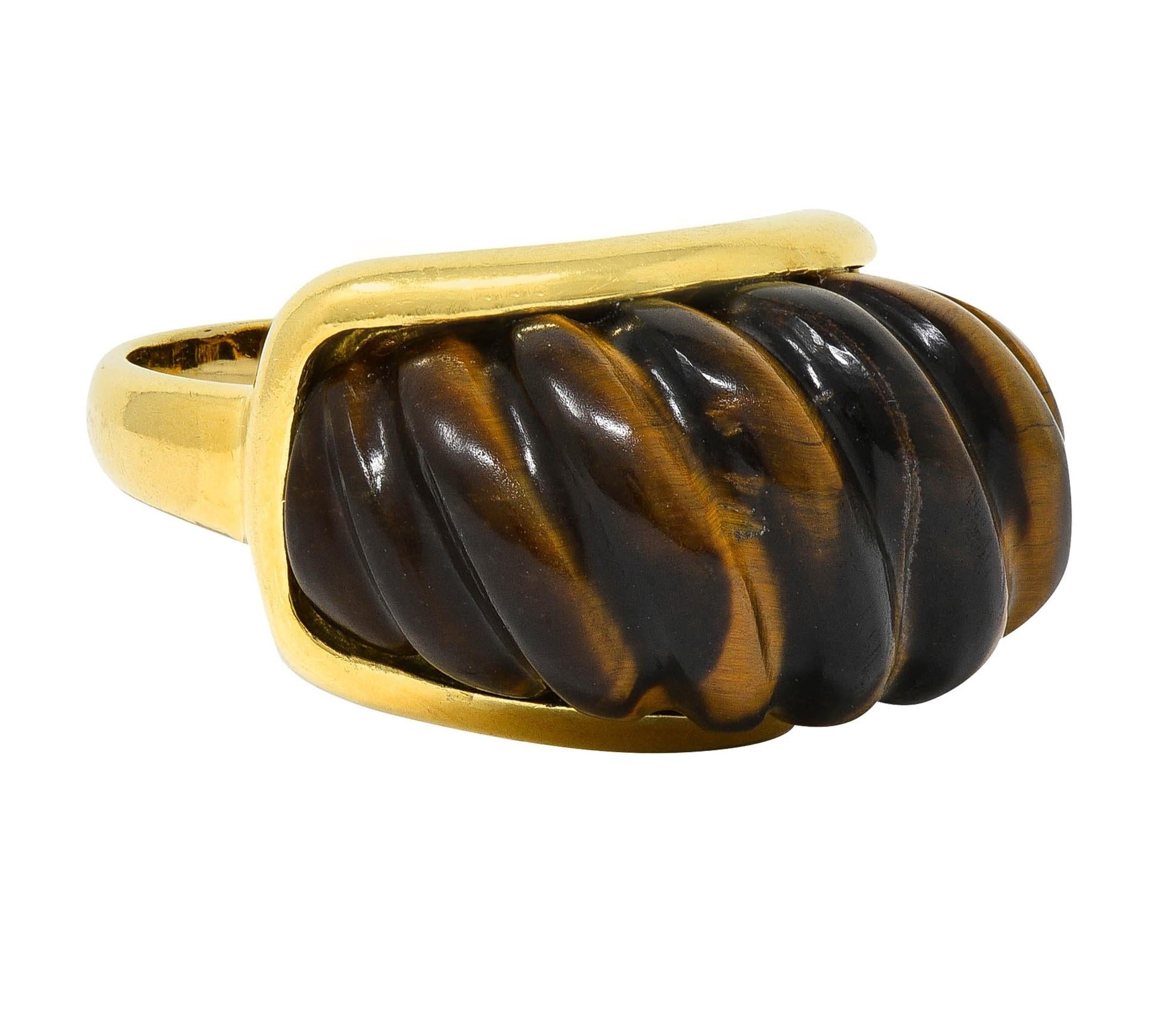 Tiffany & Co. 1970's Tiger's Eye Quartz 18K Gold Vintage Fluted Statement Ring