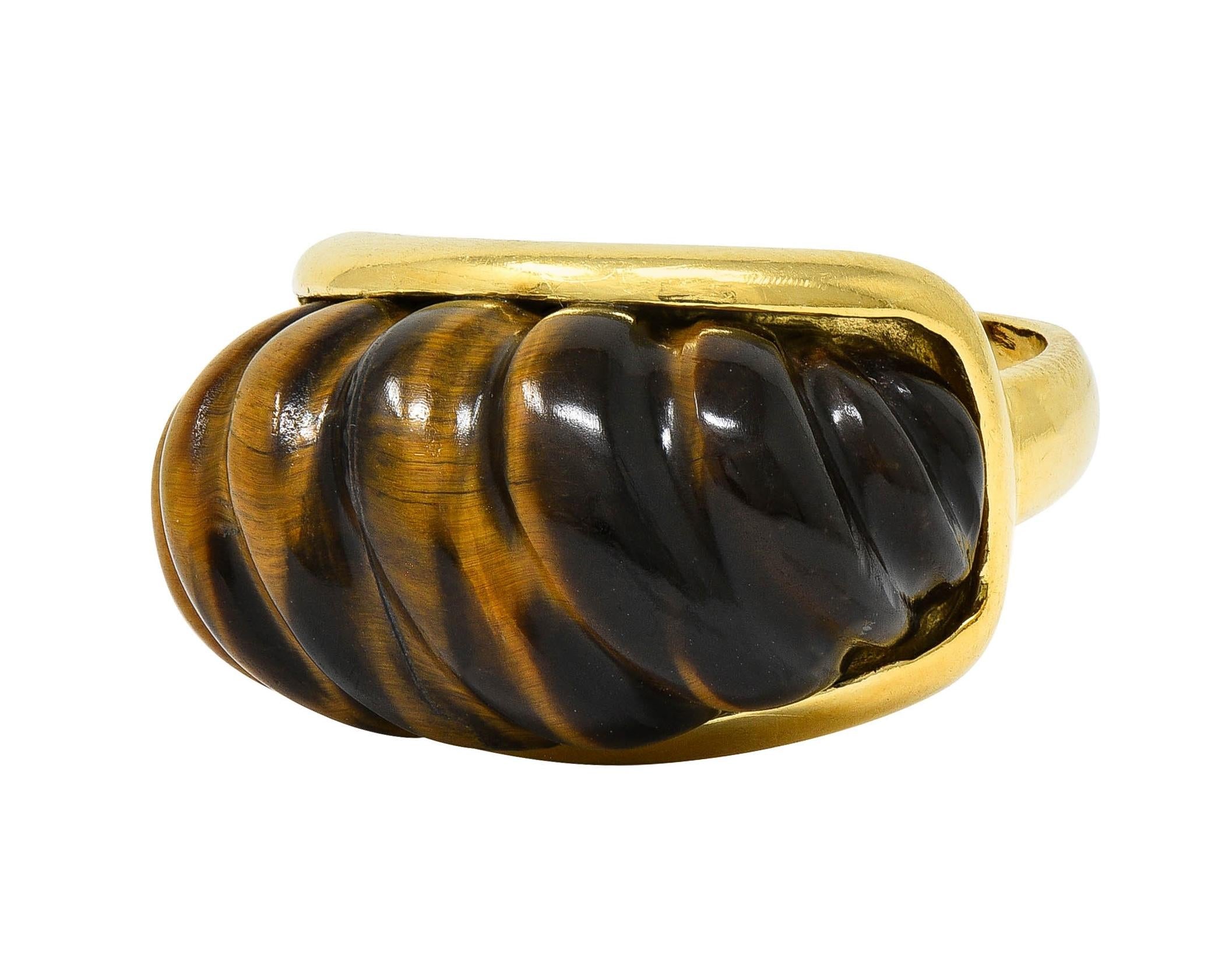 Tiffany & Co. 1970's Tiger's Eye Quartz 18K Gold Vintage Fluted Statement Ring