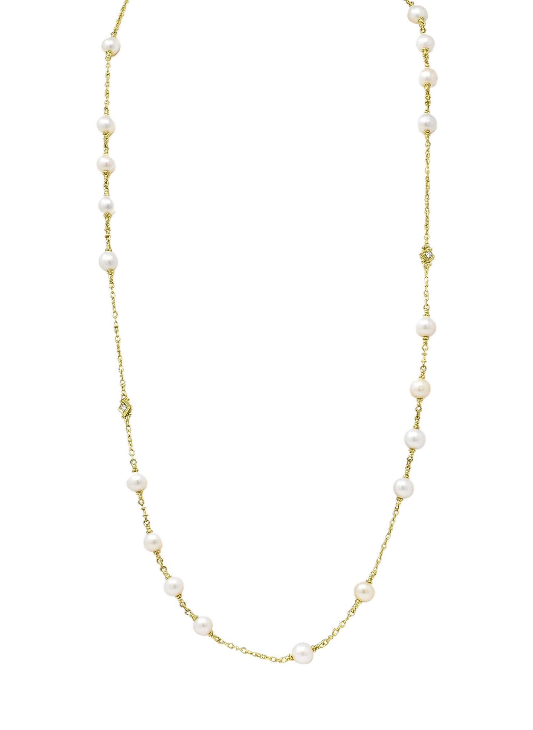 Judith Ripka 2000's Akoya Pearl Diamond 18 Karat Yellow Gold Station Necklace