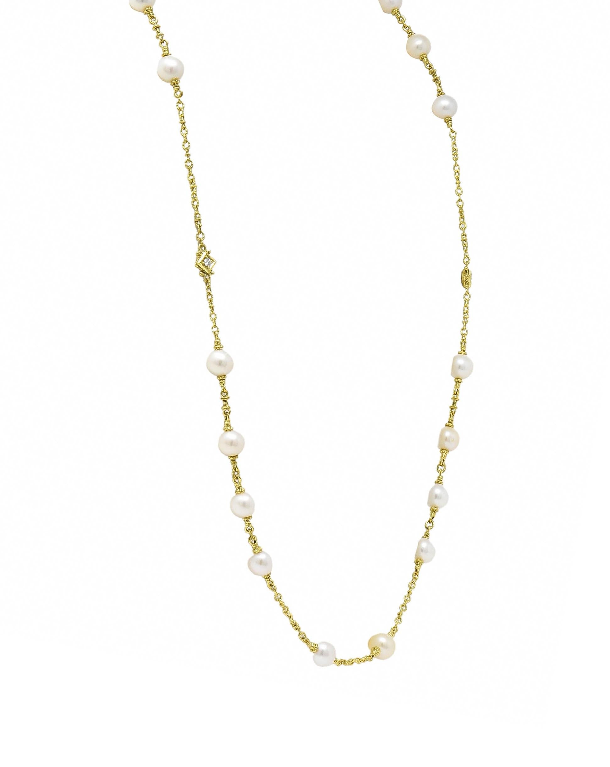 Judith Ripka 2000's Akoya Pearl Diamond 18 Karat Yellow Gold Station Necklace