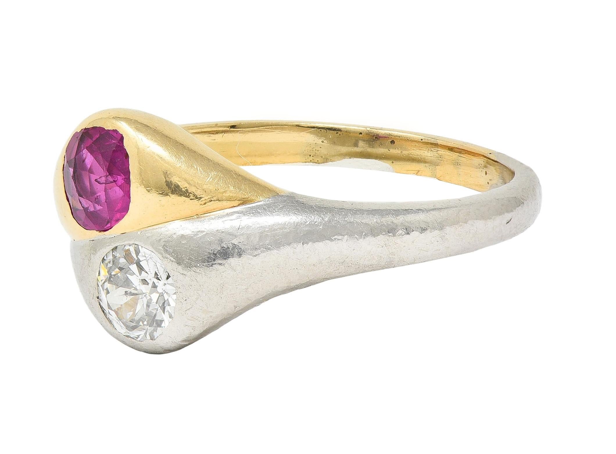 1960's 1.03 CTW Ruby Diamond Platinum 14 Karat Gold Vintage Toi-Et-Moi Ring