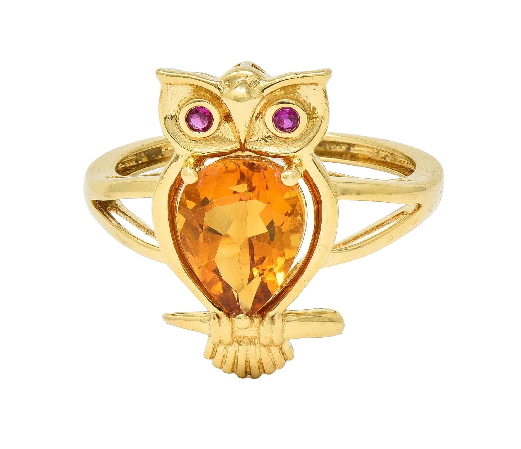 Contemporary 1.63 CTW Citrine Ruby 18 Karat Yellow Gold Owl Bird Ring