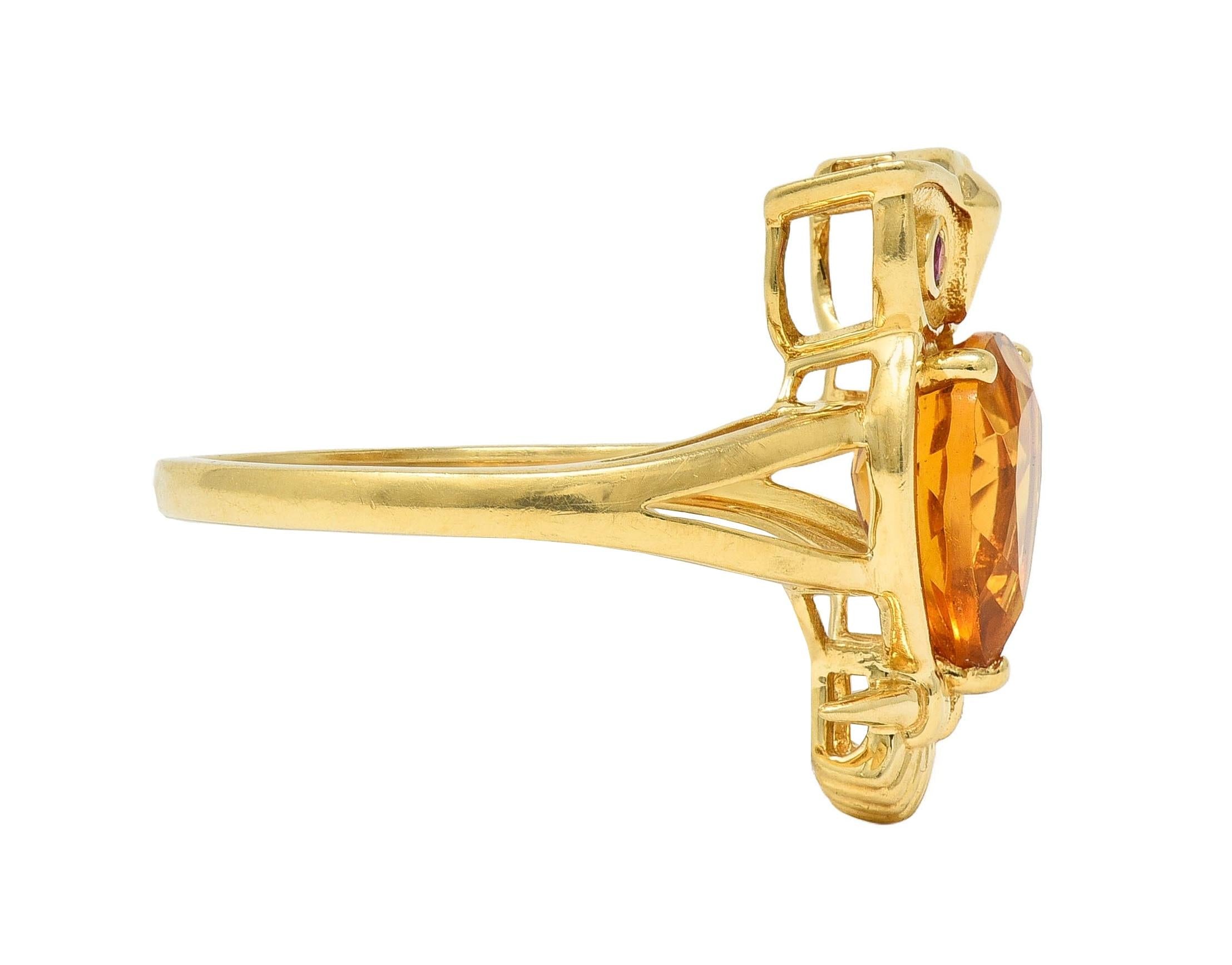 Contemporary 1.63 CTW Citrine Ruby 18 Karat Yellow Gold Owl Bird Ring