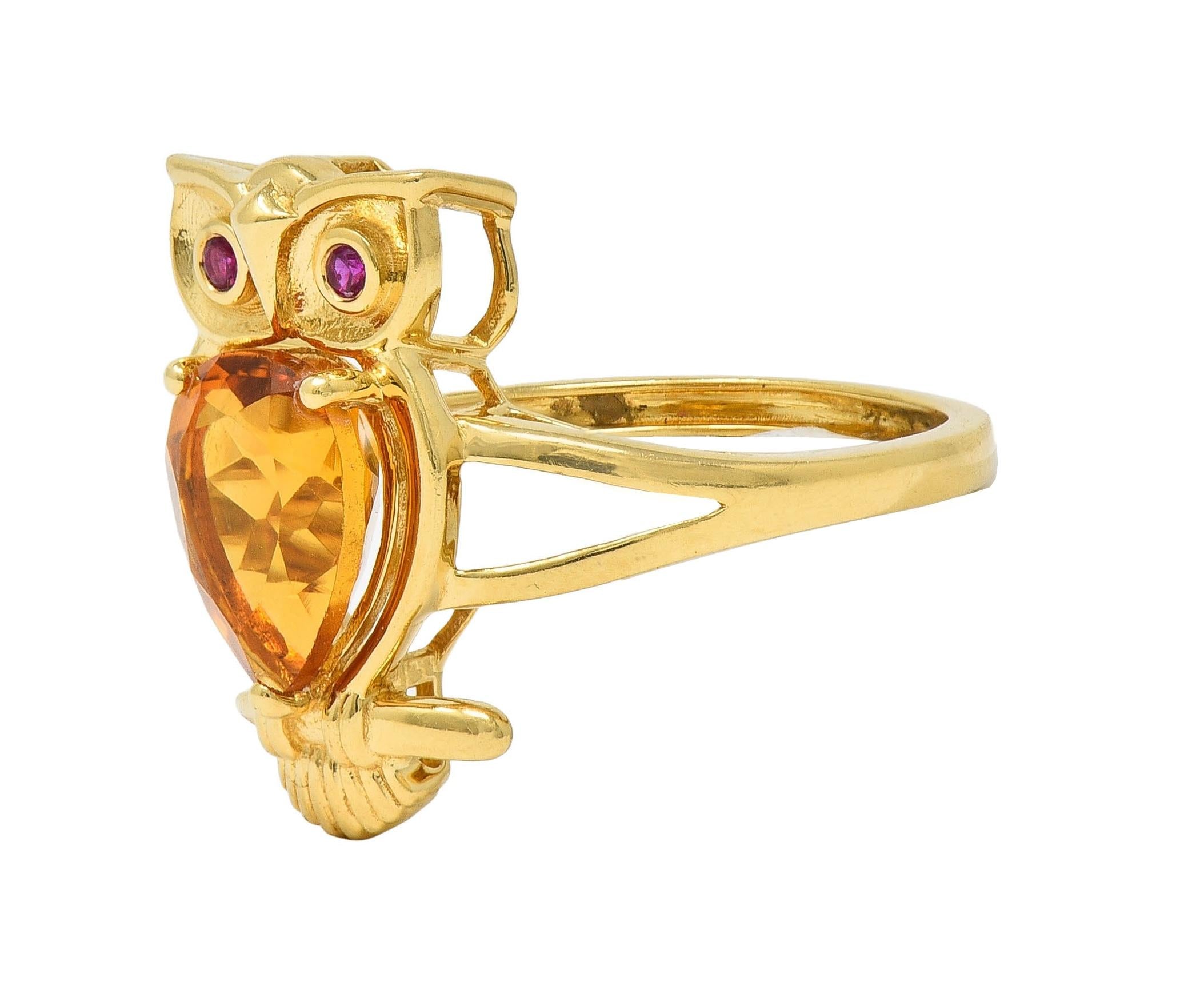 Contemporary 1.63 CTW Citrine Ruby 18 Karat Yellow Gold Owl Bird Ring