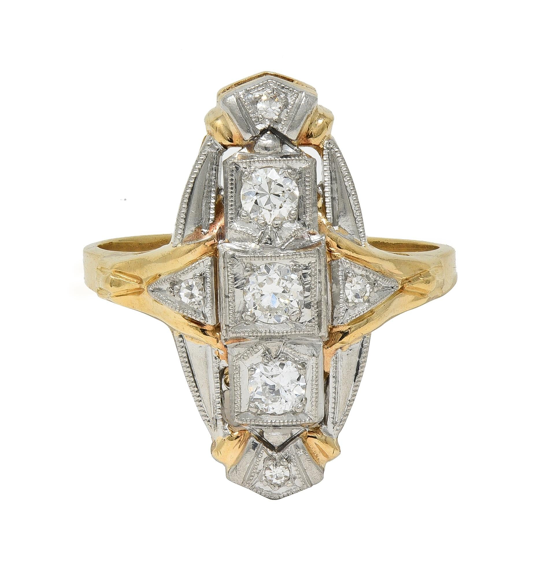 Art Deco Diamond Platinum 14 Karat Yellow Gold Vintage Navette Dinner Ring