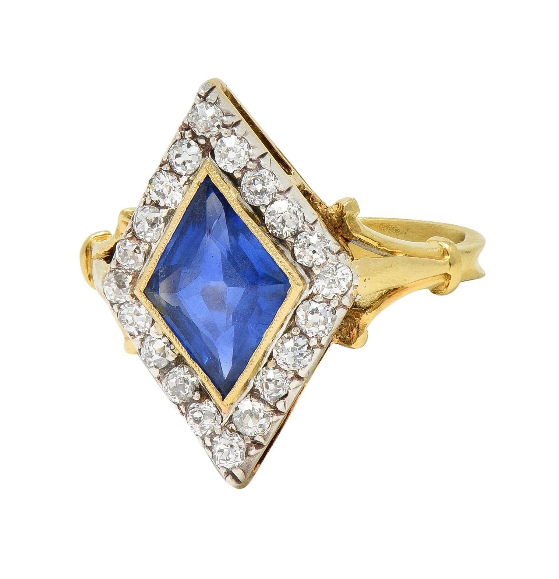 Edwardian 2.40 CTW No Heat Ceylon Sapphire Diamond Silver 18K Gold Navette Ring