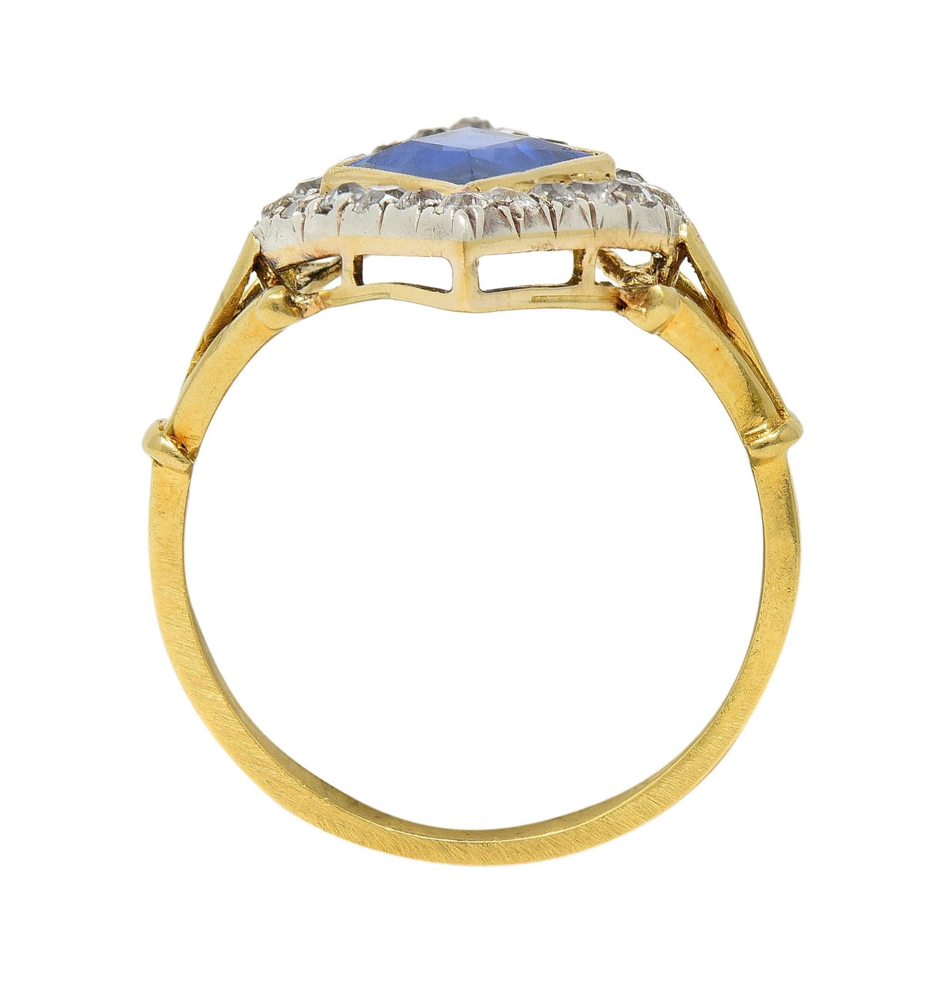 Edwardian 2.40 CTW No Heat Ceylon Sapphire Diamond Silver 18K Gold Navette Ring