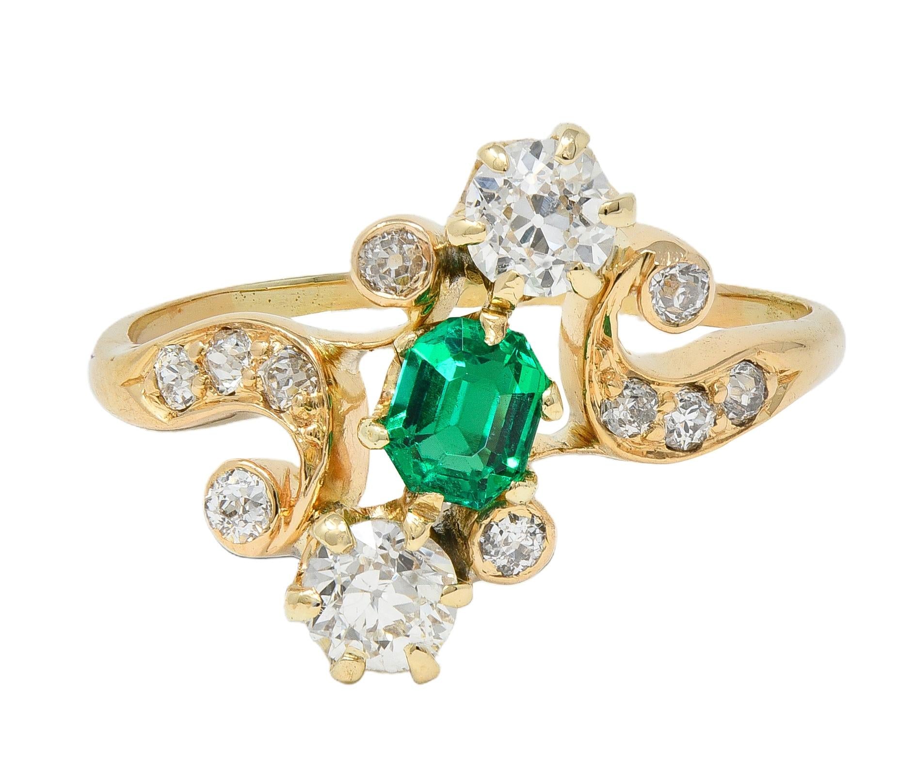 Victorian 0.84 CTW Emerald Diamond 18 Karat Yellow Gold Antique Bypass Ring
