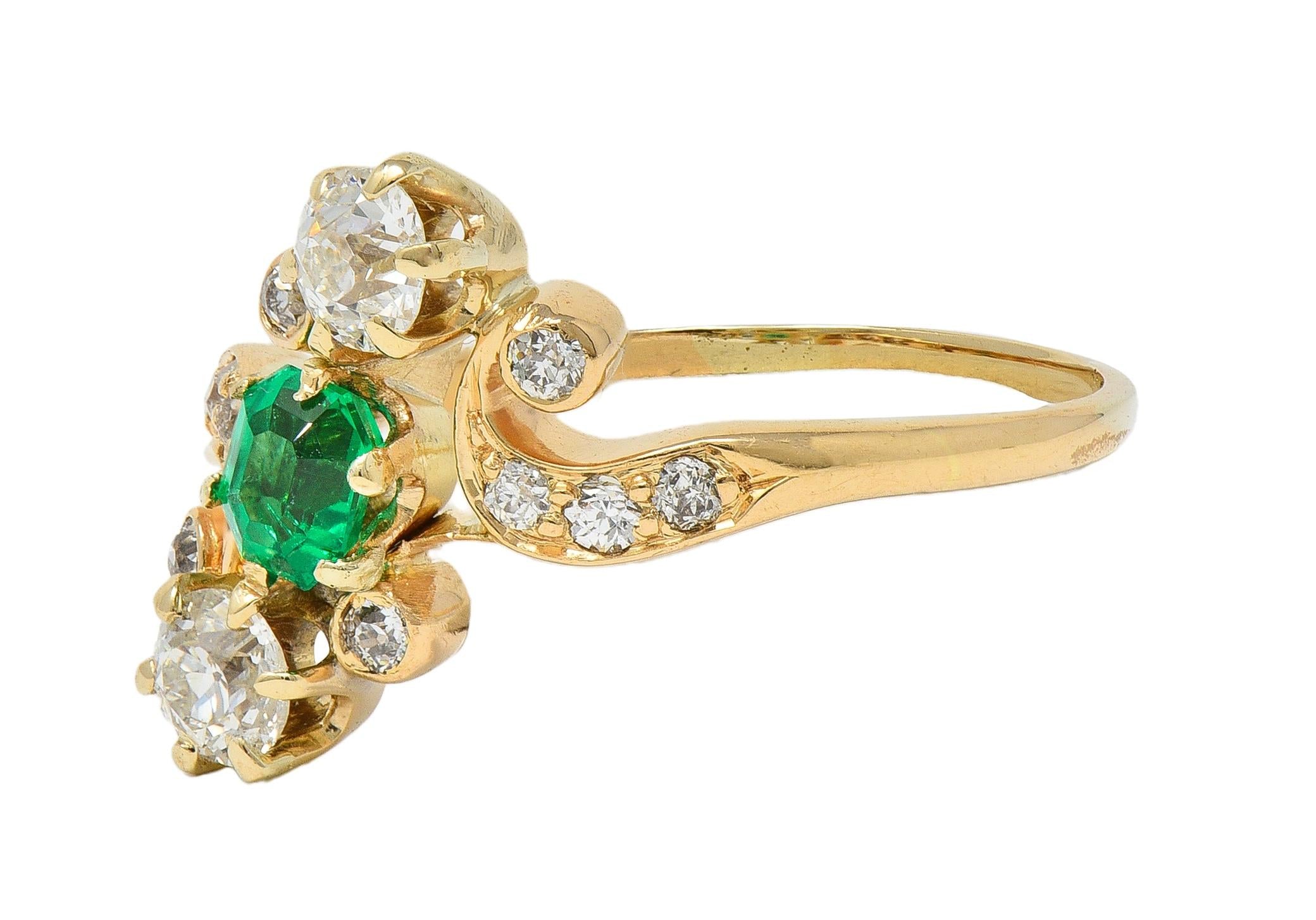 Victorian 0.84 CTW Emerald Diamond 18 Karat Yellow Gold Antique Bypass Ring