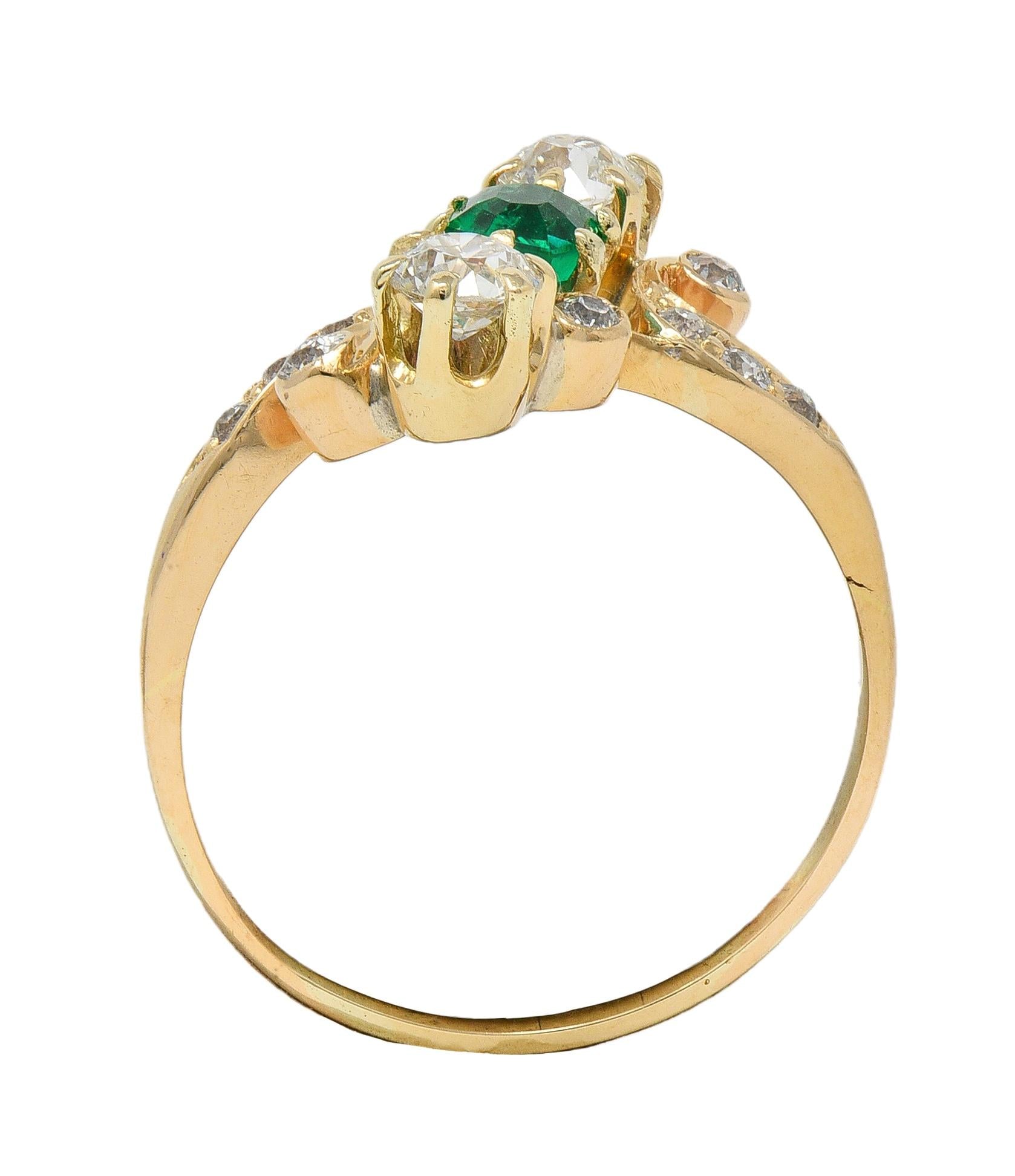 Victorian 0.84 CTW Emerald Diamond 18 Karat Yellow Gold Antique Bypass Ring