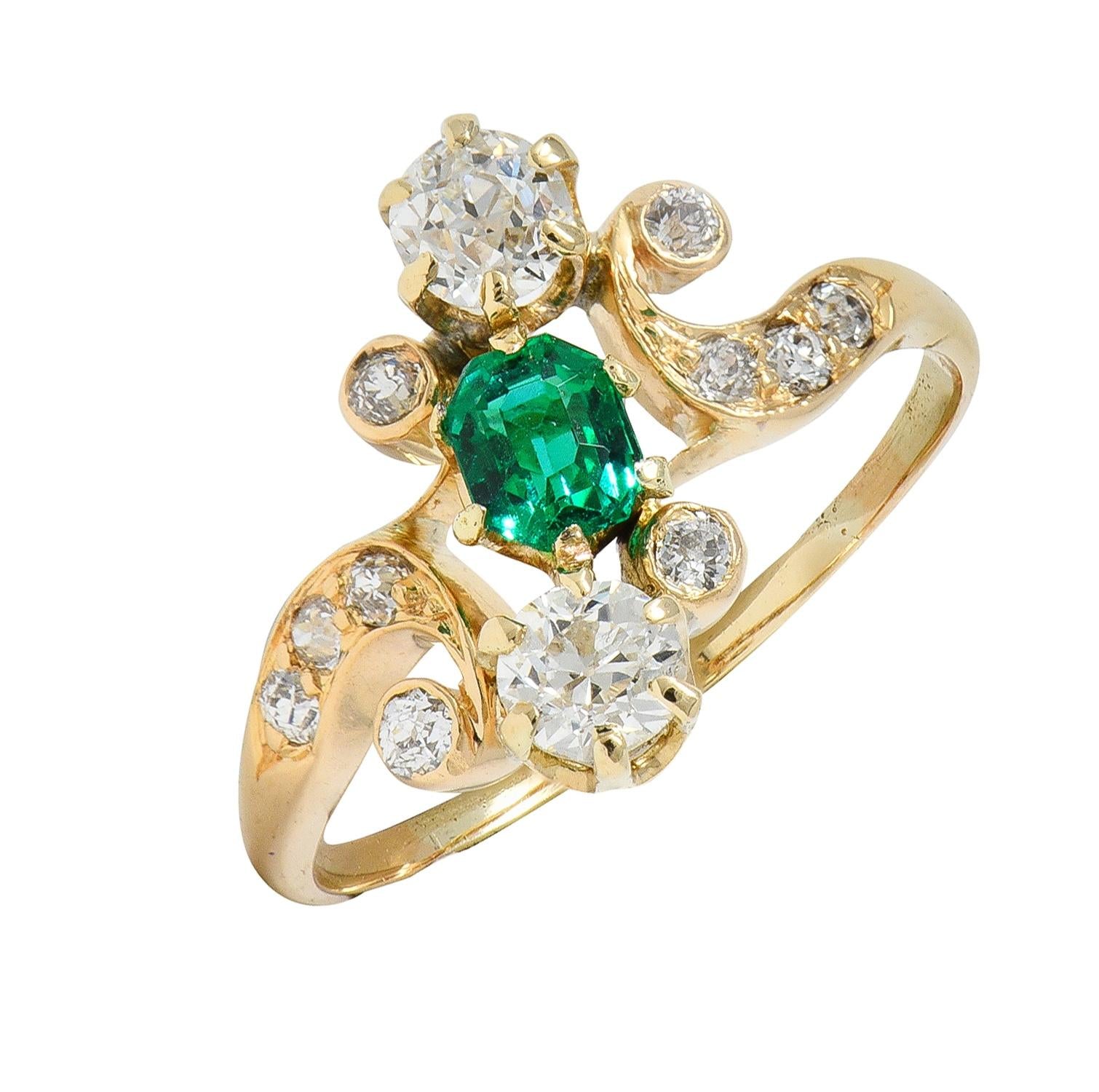Victorian 0.84 CTW Emerald Diamond 18 Karat Yellow Gold Antique Bypass Ring