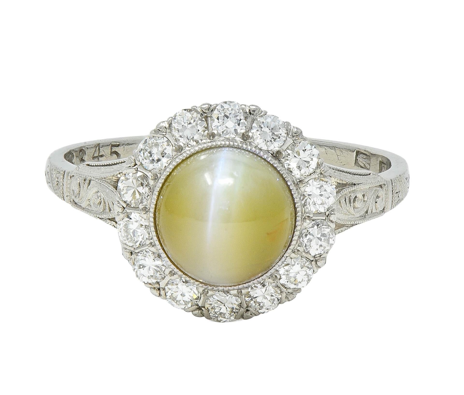 Late Art Deco 0.42 CTW Diamond Cat's Eye Chrysoberyl Platinum Vintage Halo Ring