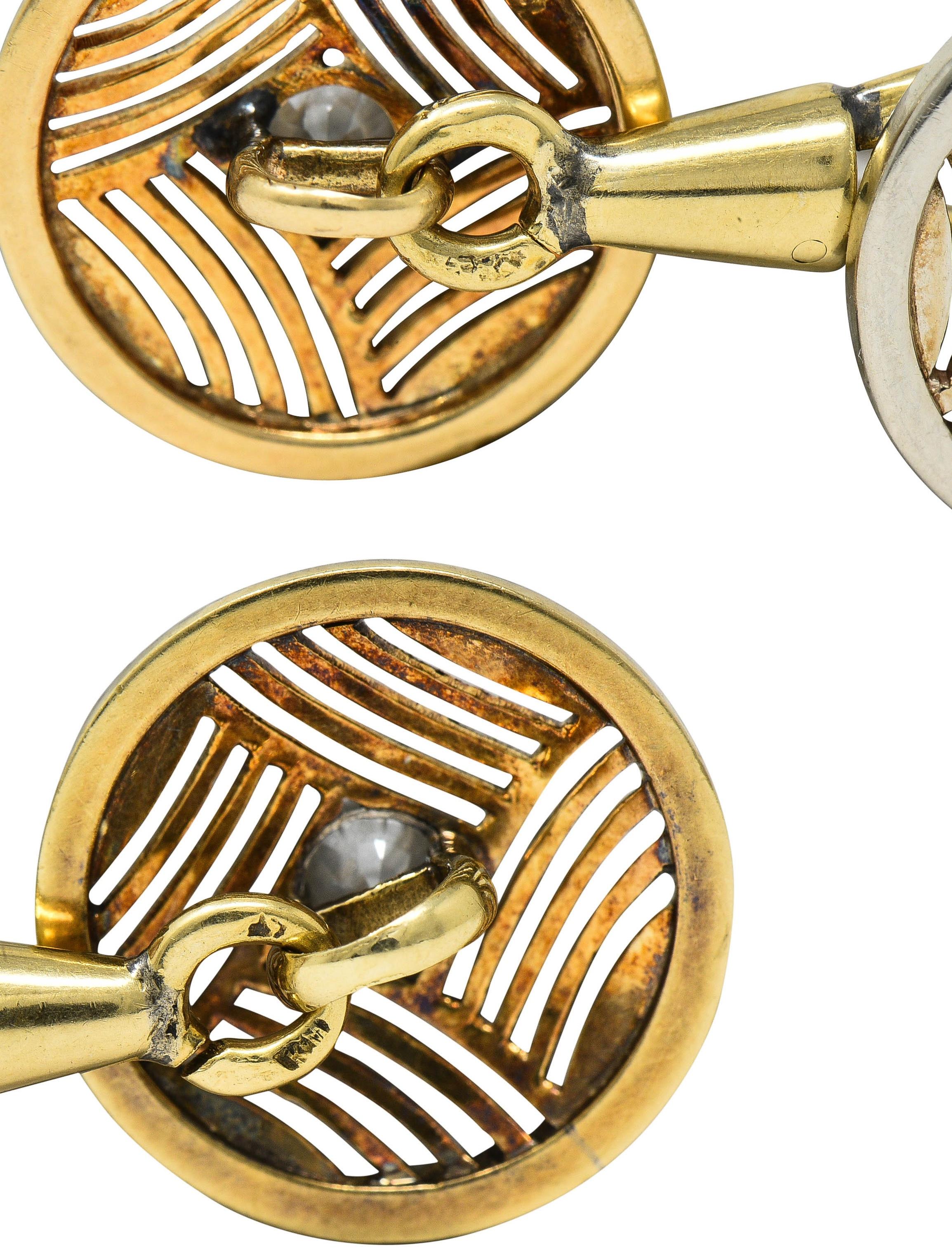 Art Deco Diamond Platinum 14 Karat Yellow Gold Antique Geometric Disk Cufflinks