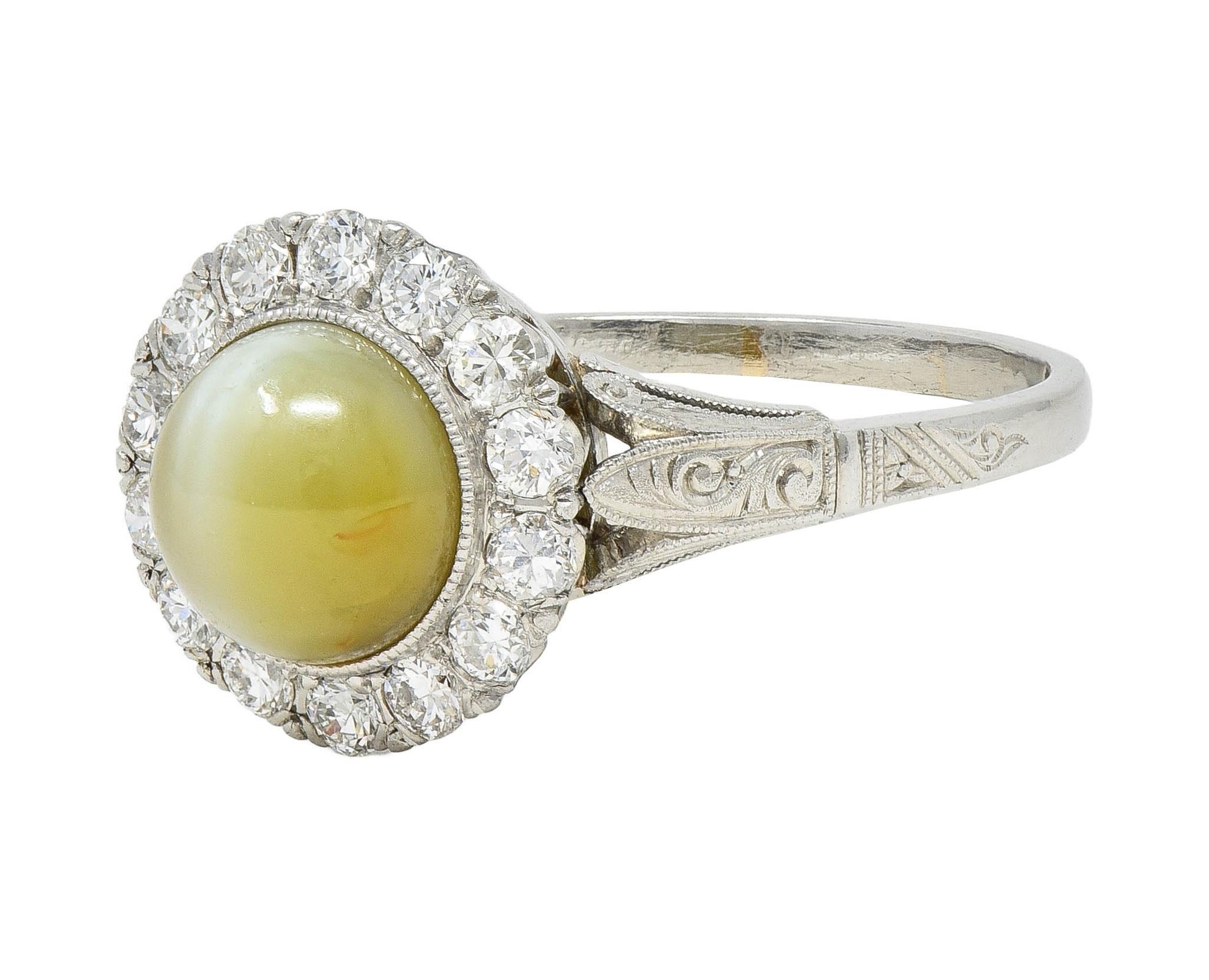 Late Art Deco 0.42 CTW Diamond Cat's Eye Chrysoberyl Platinum Vintage Halo Ring