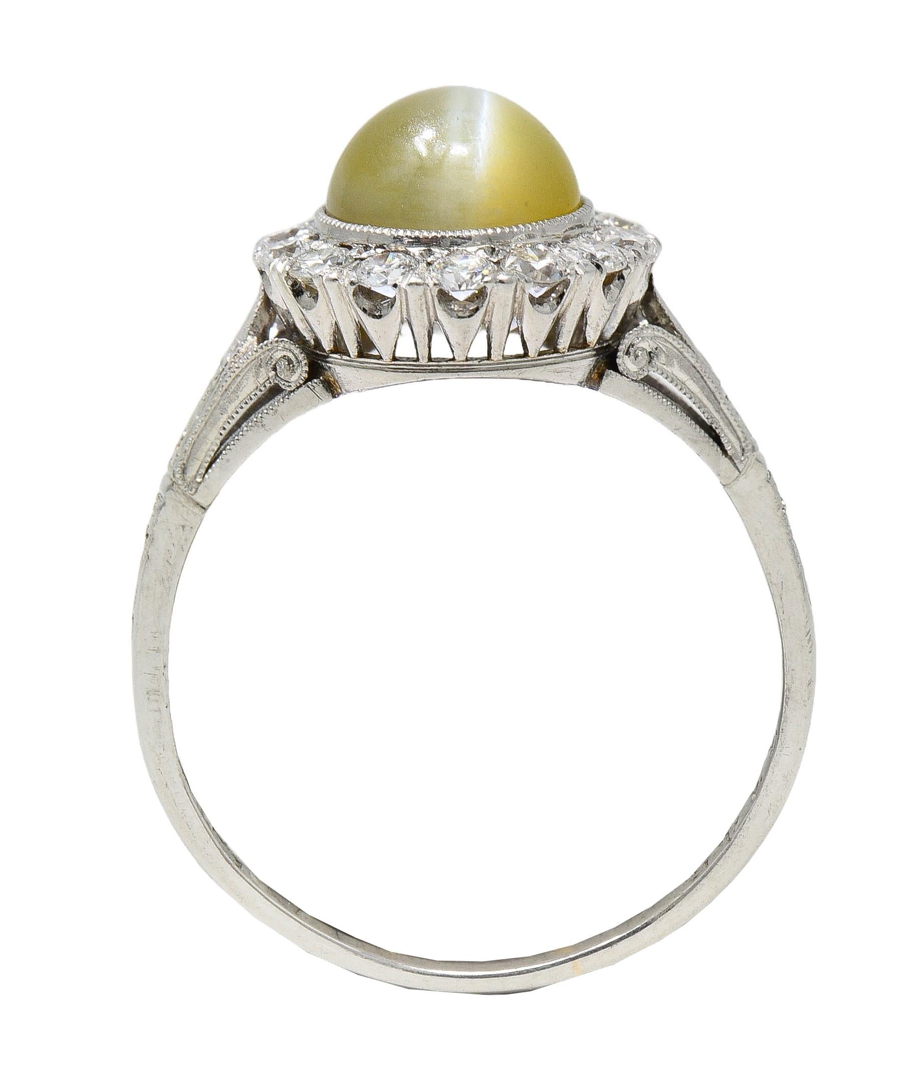 Late Art Deco 0.42 CTW Diamond Cat's Eye Chrysoberyl Platinum Vintage Halo Ring