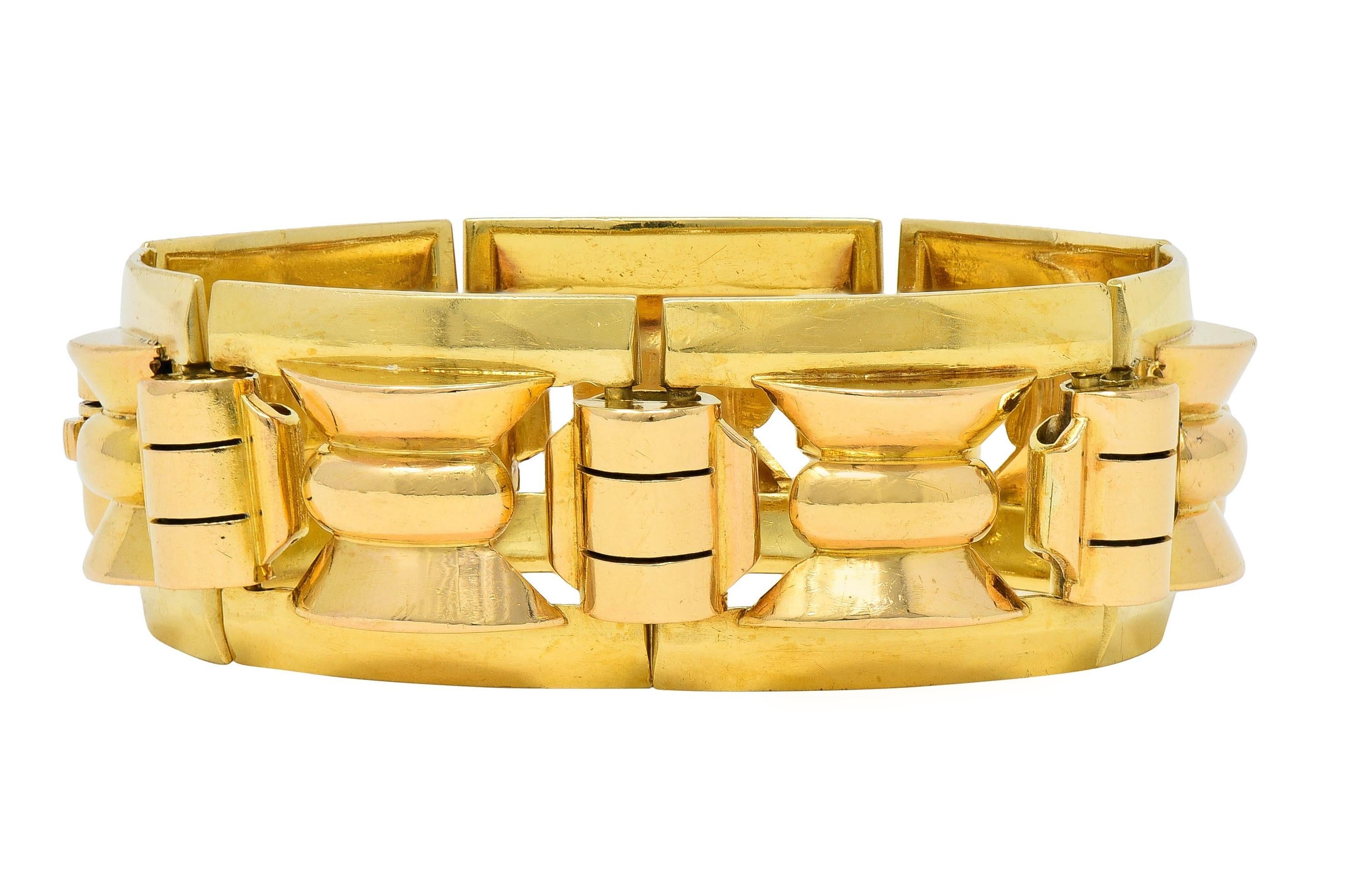 Retro French 18 Karat Two-Tone Gold Vintage Geometric Link Bracelet