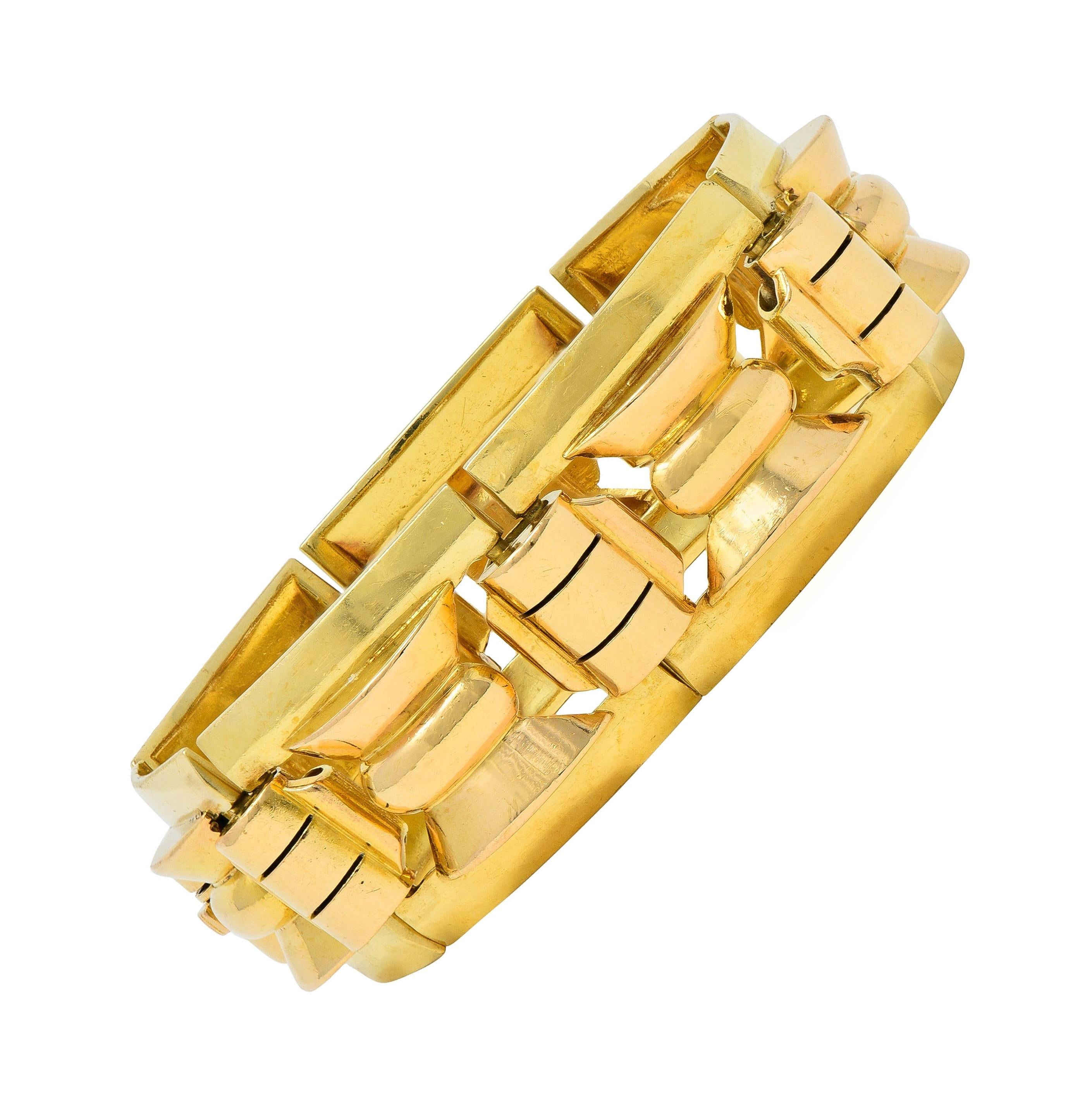 Retro French 18 Karat Two-Tone Gold Vintage Geometric Link Bracelet