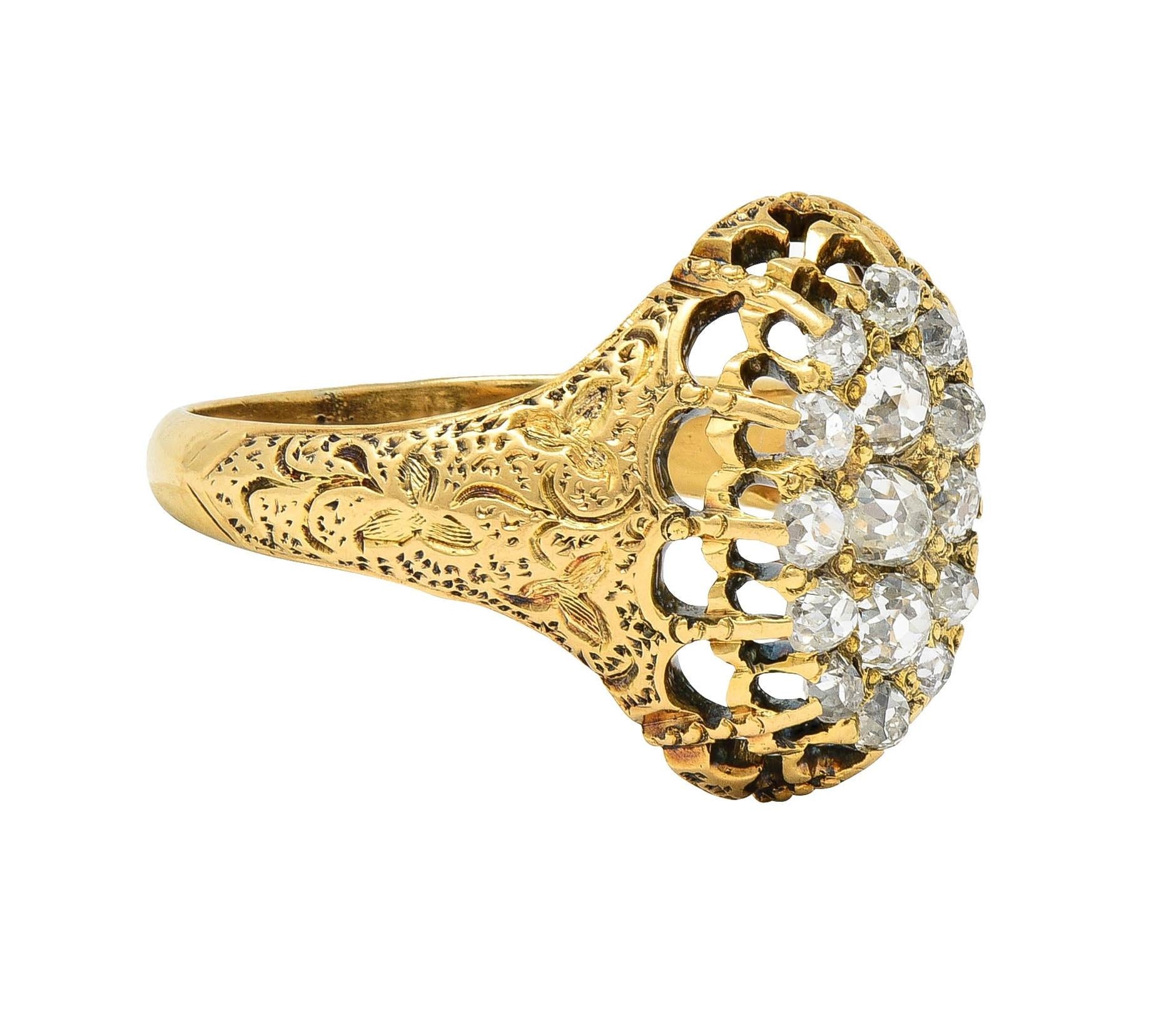 Victorian 0.66 CTW Old Mine Diamond 18 Karat Gold Foliate Antique Cluster Ring