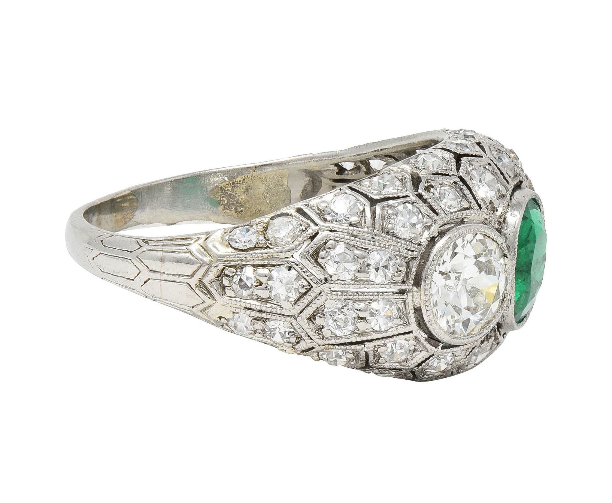 Art Deco 2.49 CTW Emerald Diamond Platinum Three Stone Antique Bombé Ring