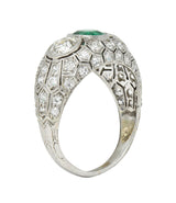 Art Deco 2.49 CTW Emerald Diamond Platinum Three Stone Antique Bombé Ring