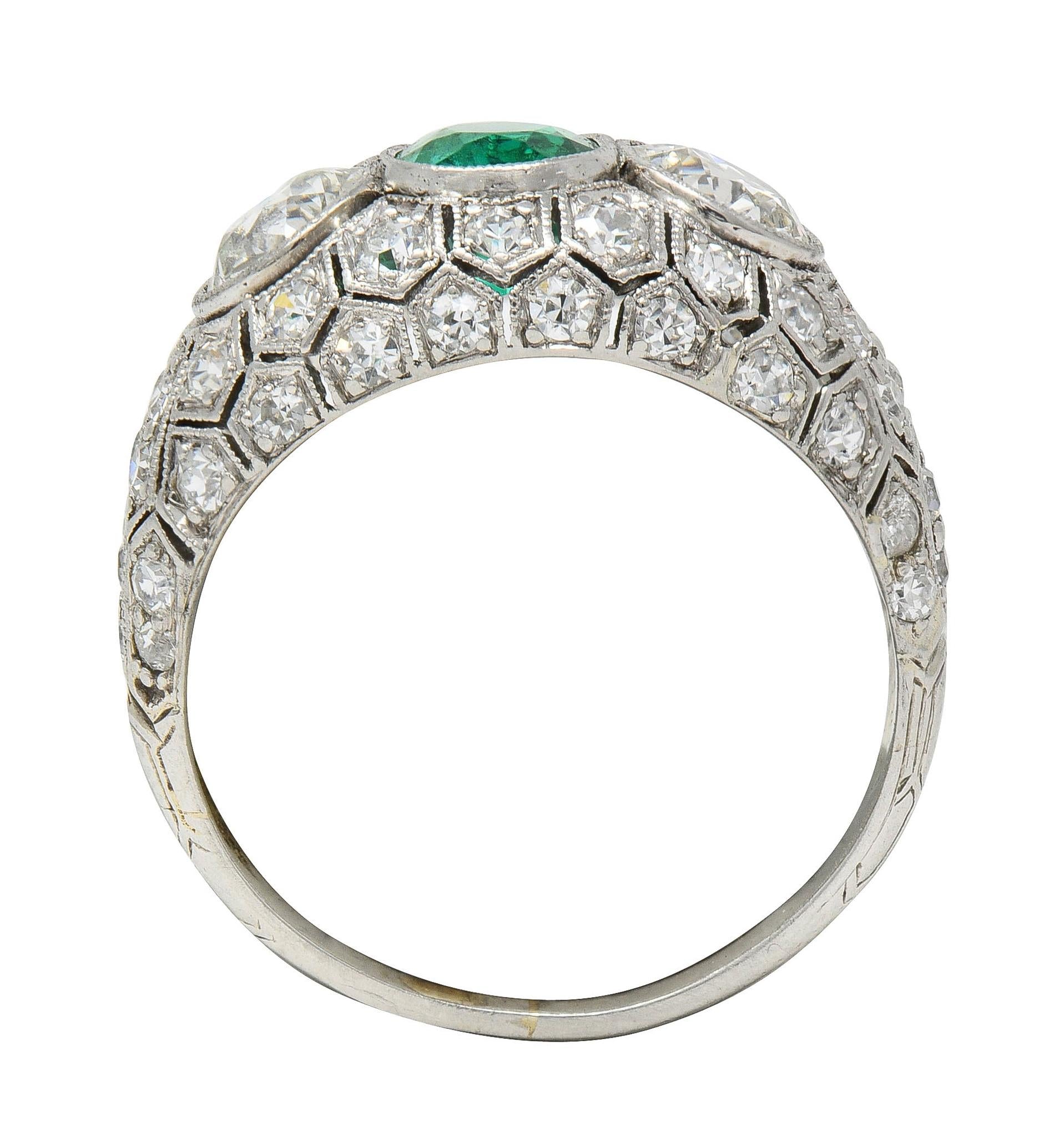 Art Deco 2.49 CTW Emerald Diamond Platinum Three Stone Antique Bombé Ring