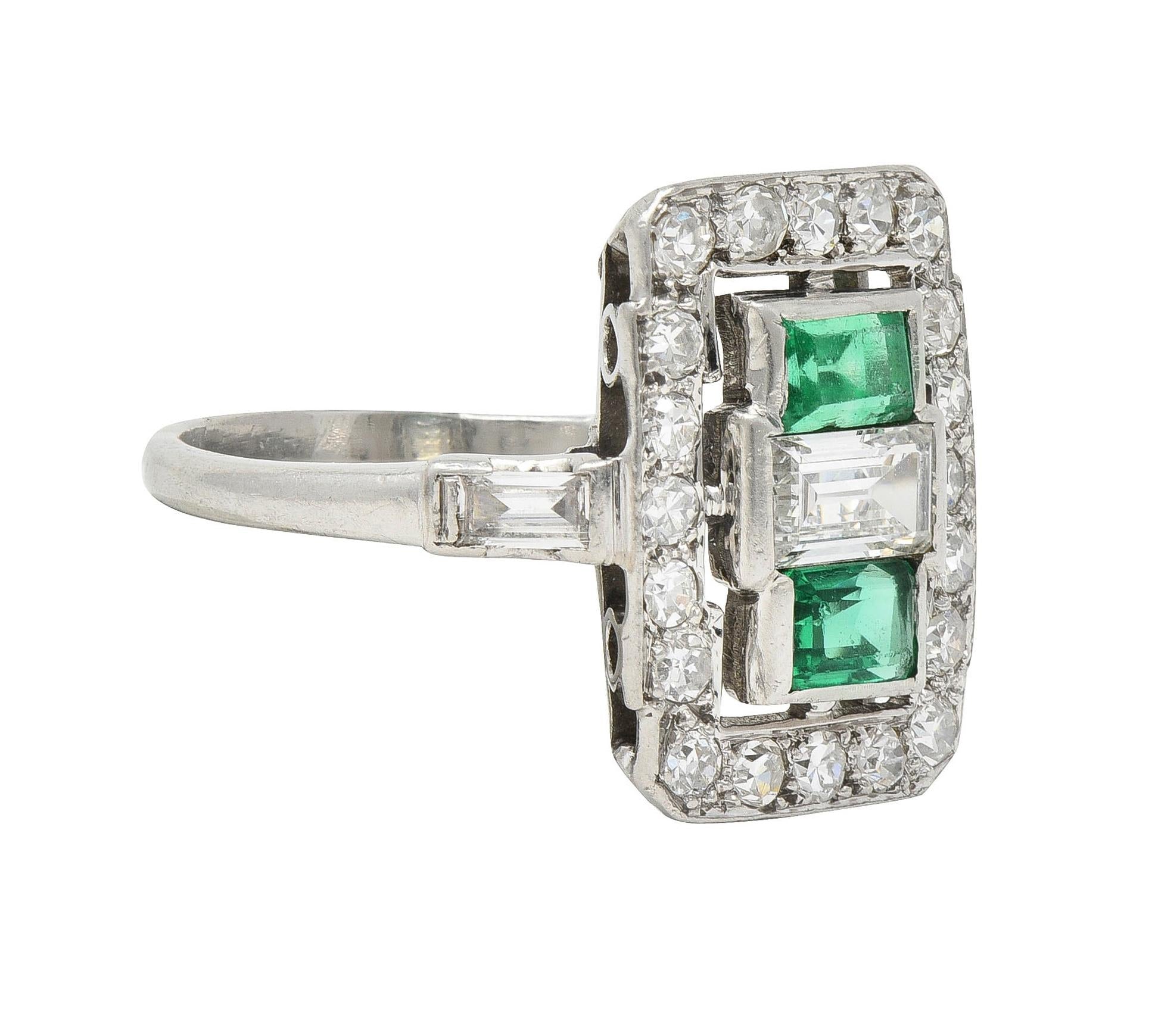 Art Deco 1.50 CTW Emerald Diamond Platinum Vintage Cluster Dinner Ring