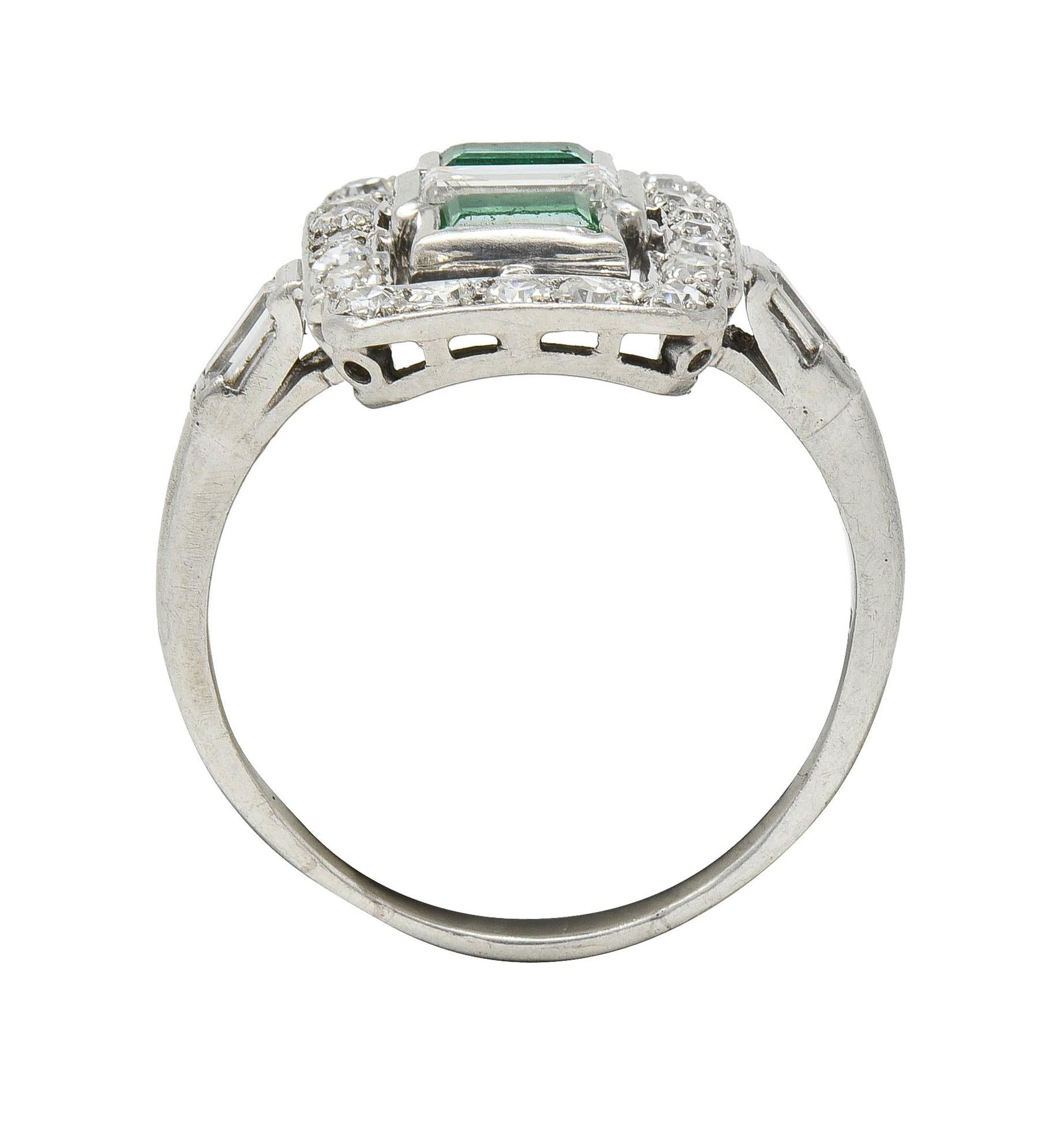 Art Deco 1.50 CTW Emerald Diamond Platinum Vintage Cluster Dinner Ring