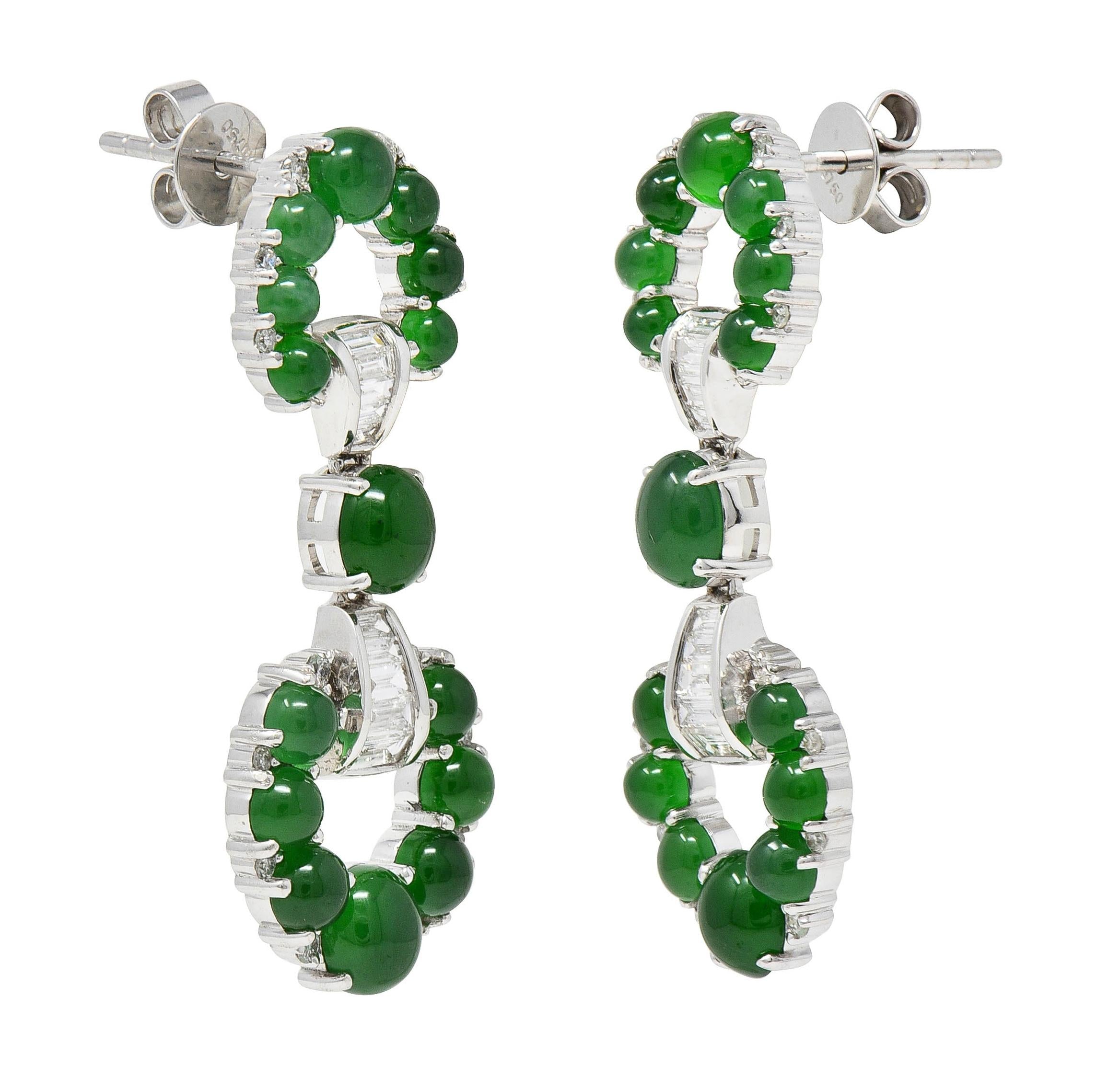 Contemporary Round Brilliant Cut Diamond Jade 18 Karat White Gold Drop Earrings