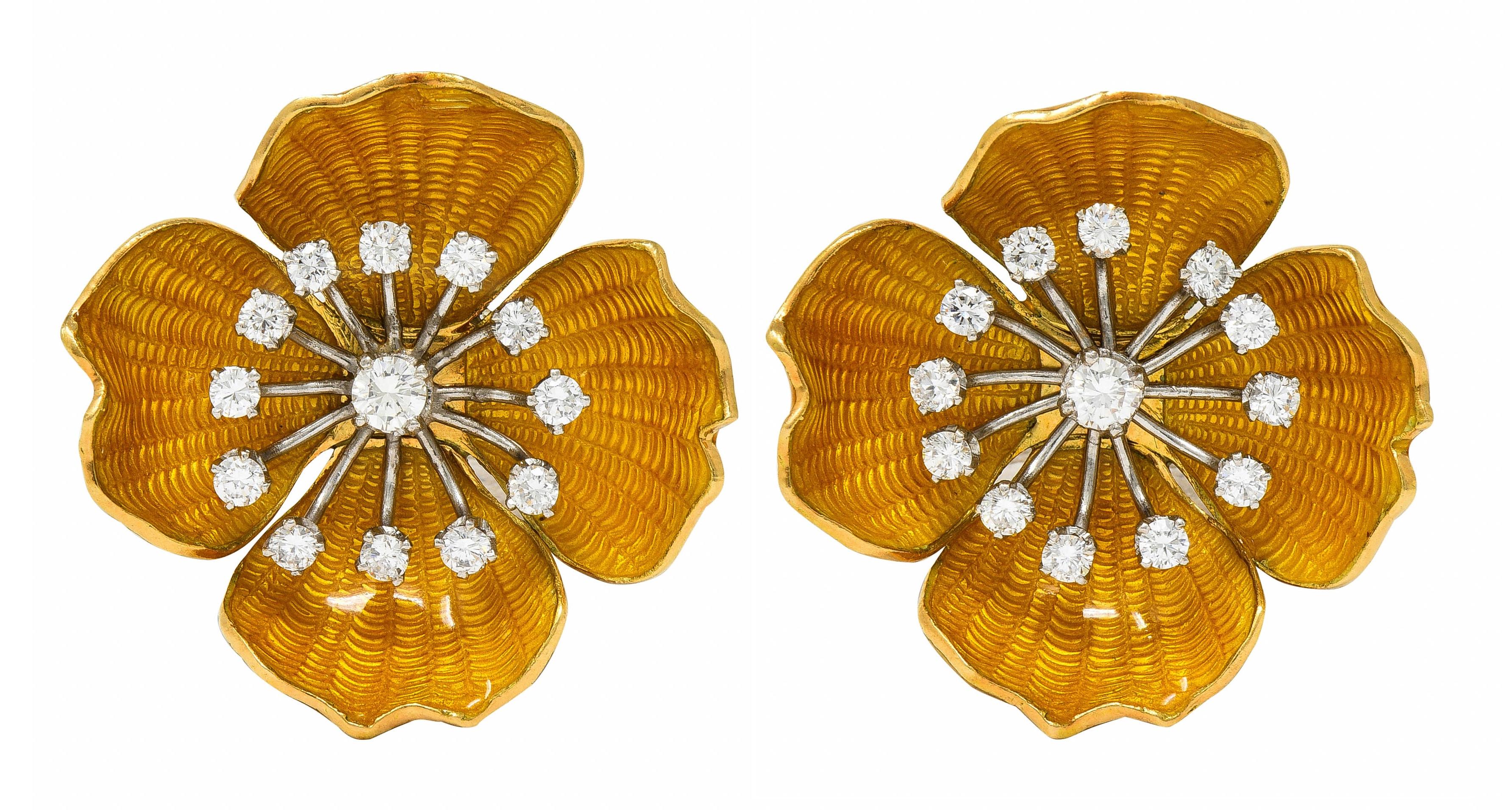 Boucheron Diamond Enamel Platinum 18K Gold Vintage Flower Ear-Clip Earrings