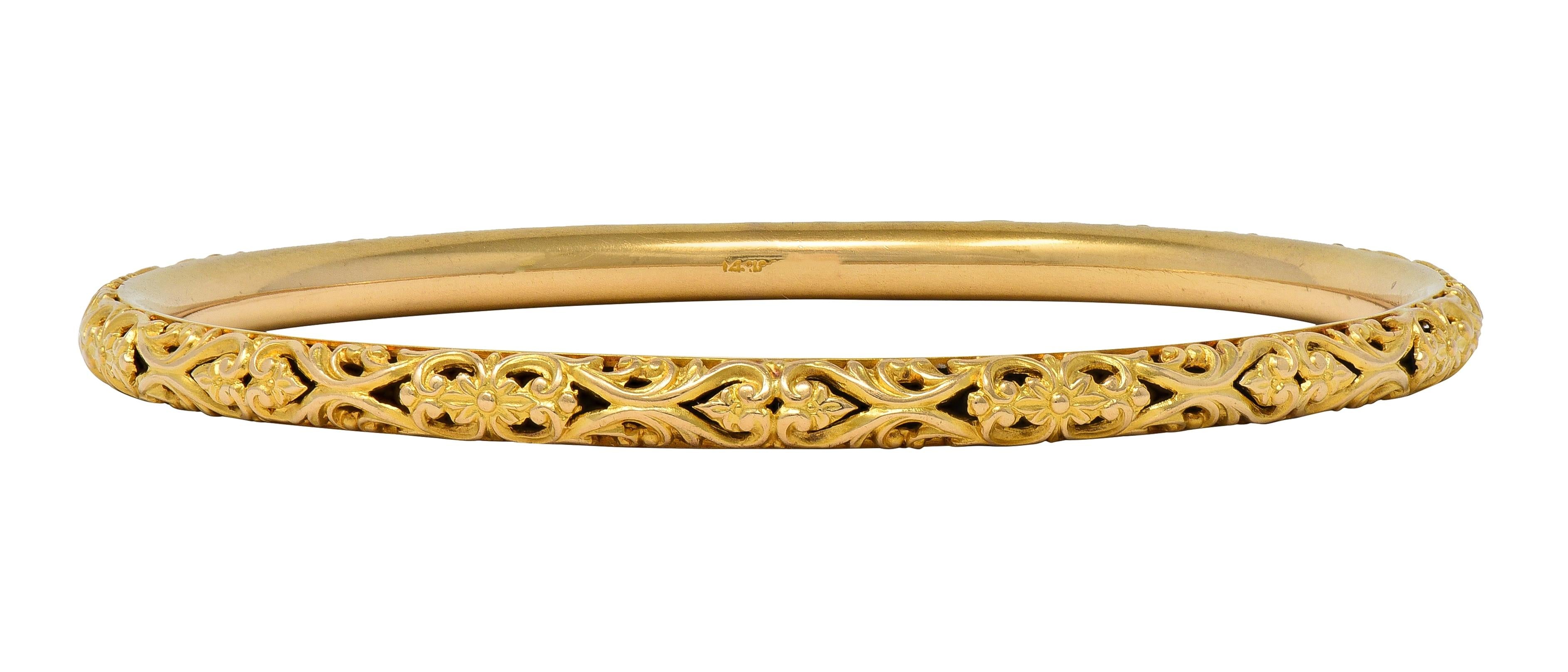 Sloan & Co. Late Victorian 14K Gold Ornamental Floral Antique Bangle Bracelet