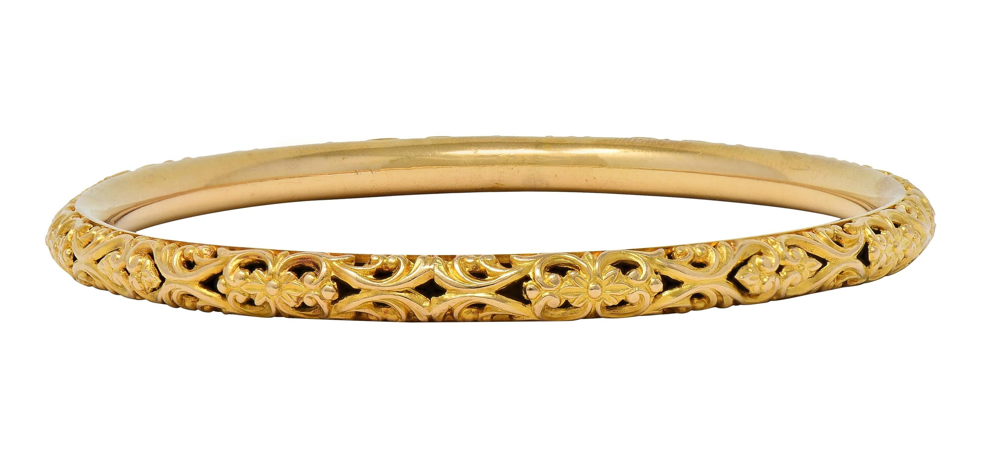 Sloan & Co. Late Victorian 14K Gold Ornamental Floral Antique Bangle Bracelet