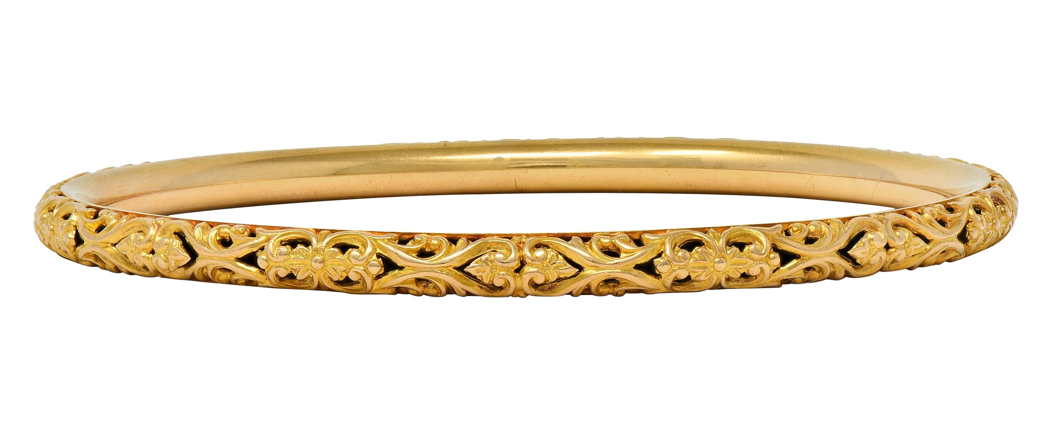 Sloan & Co. Late Victorian 14K Gold Ornamental Floral Antique Bangle Bracelet