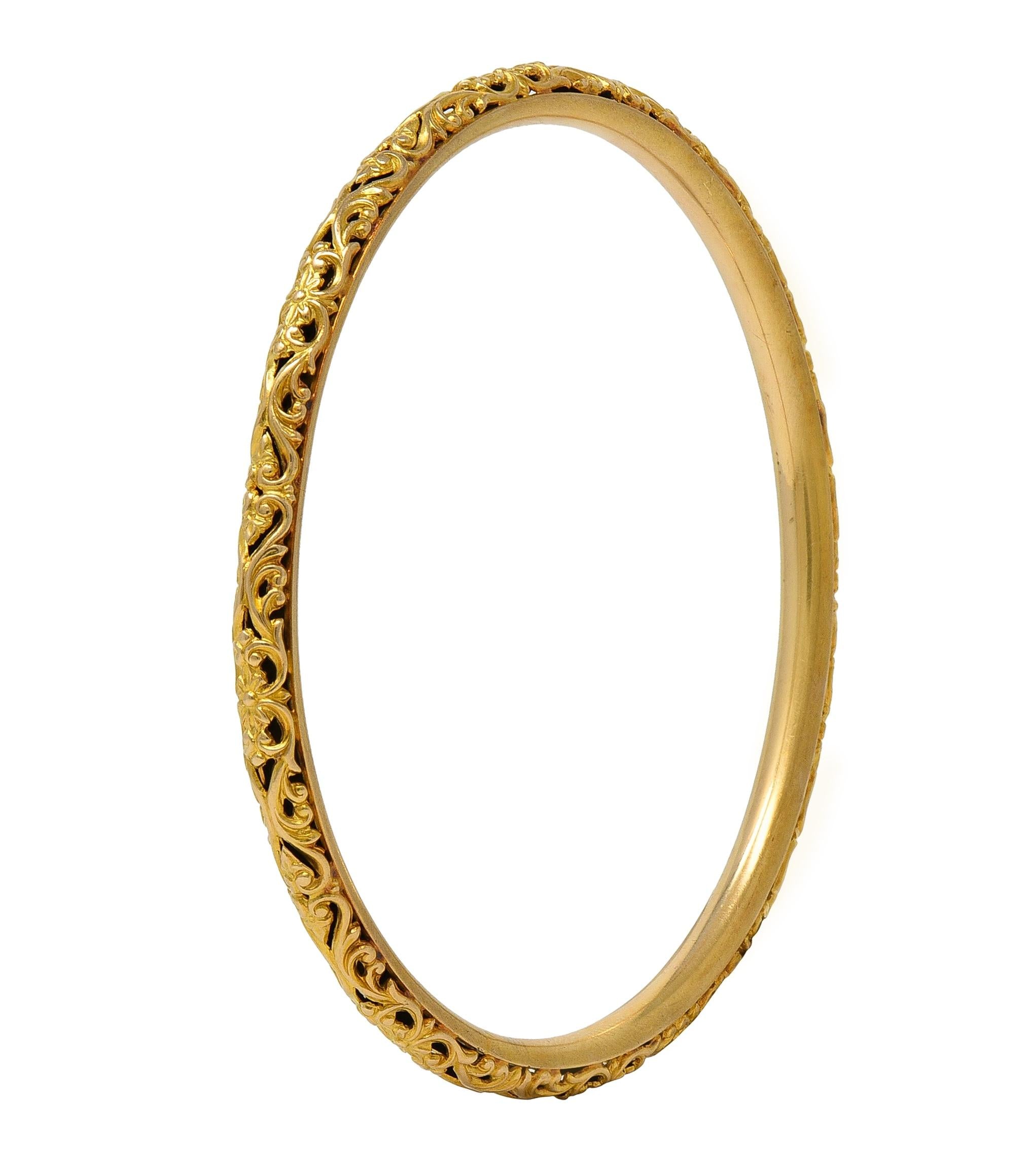Sloan & Co. Late Victorian 14K Gold Ornamental Floral Antique Bangle Bracelet