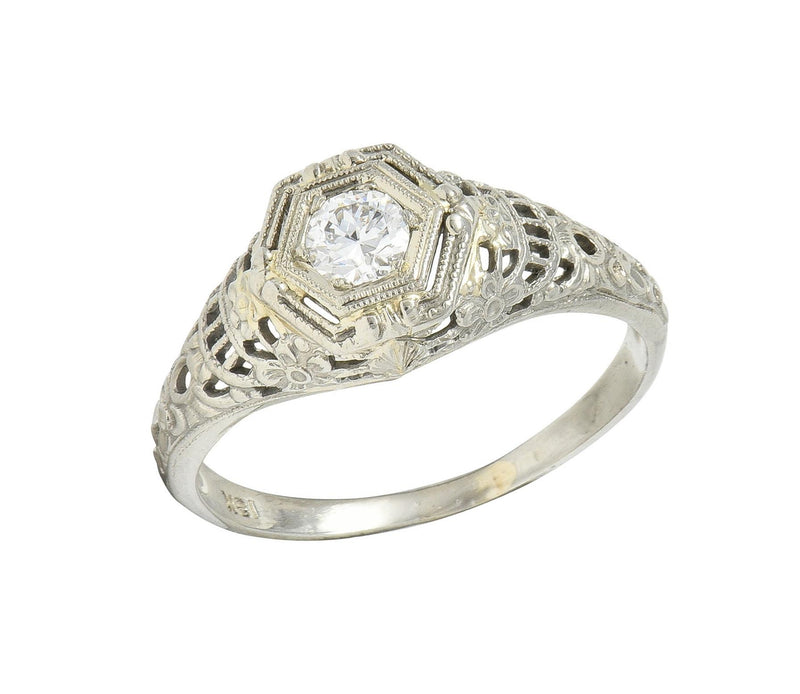 Art Deco Old European Cut Diamond 18 Karat White Gold Antique Engagement Ring