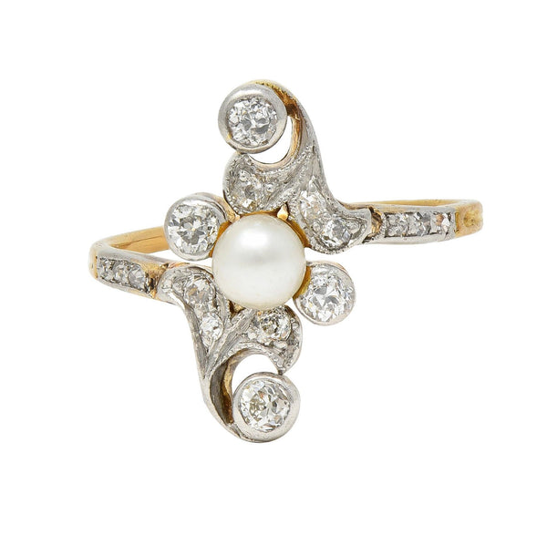 Edwardian Pearl Diamond Platinum-Topped 18 Karat Gold Antique Navette Ring