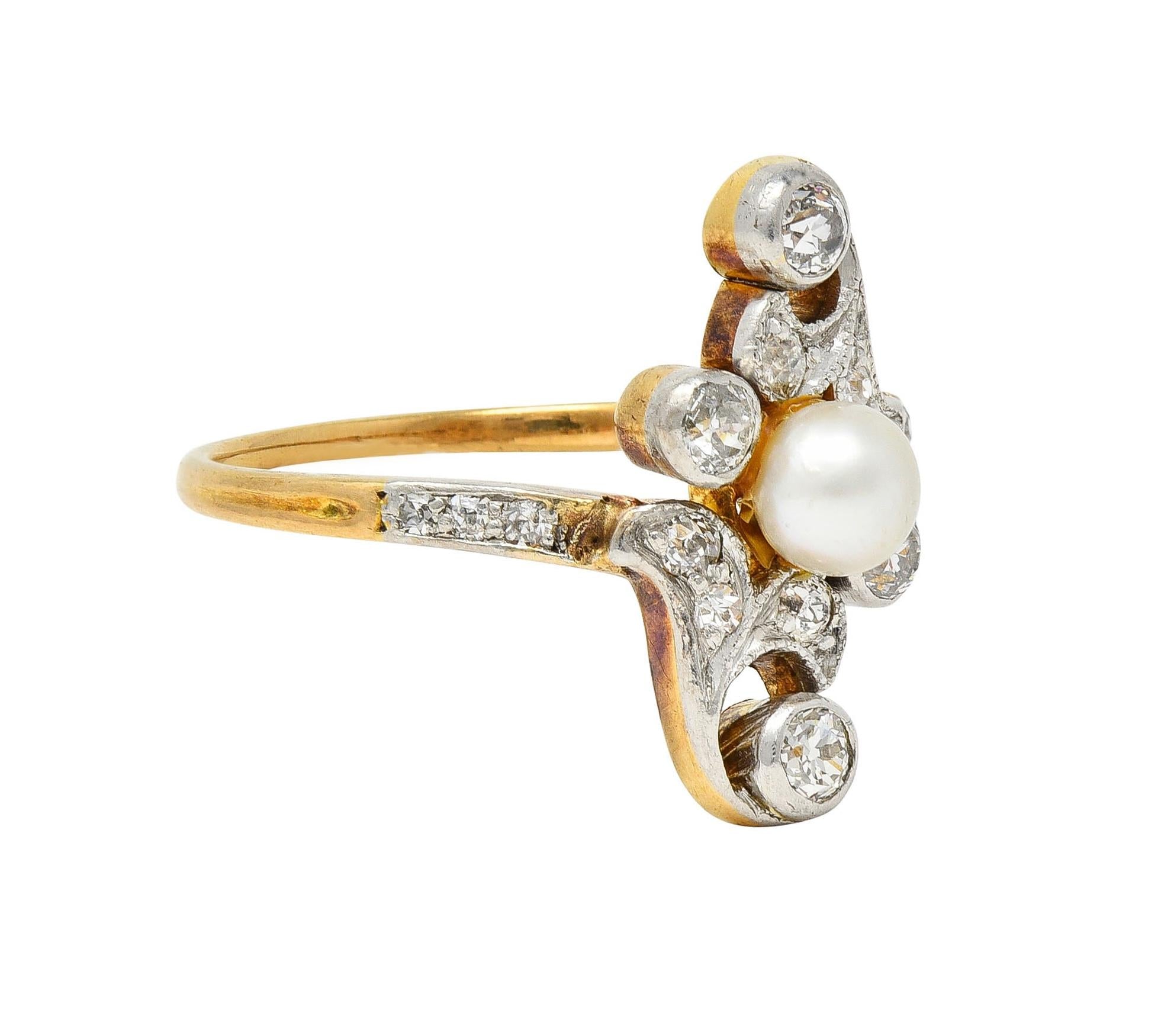 Edwardian Pearl Diamond Platinum-Topped 18 Karat Gold Antique Navette Ring