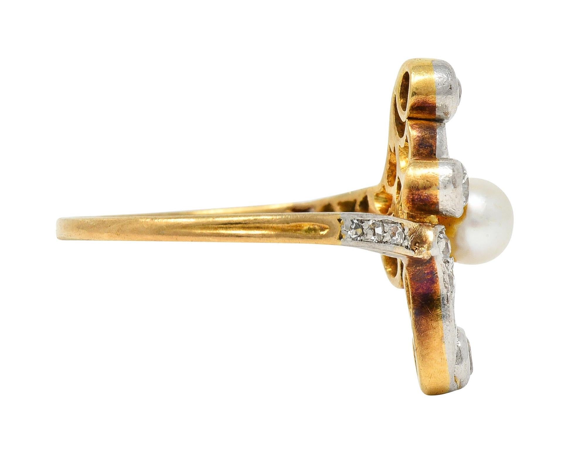 Edwardian Pearl Diamond Platinum-Topped 18 Karat Gold Antique Navette Ring