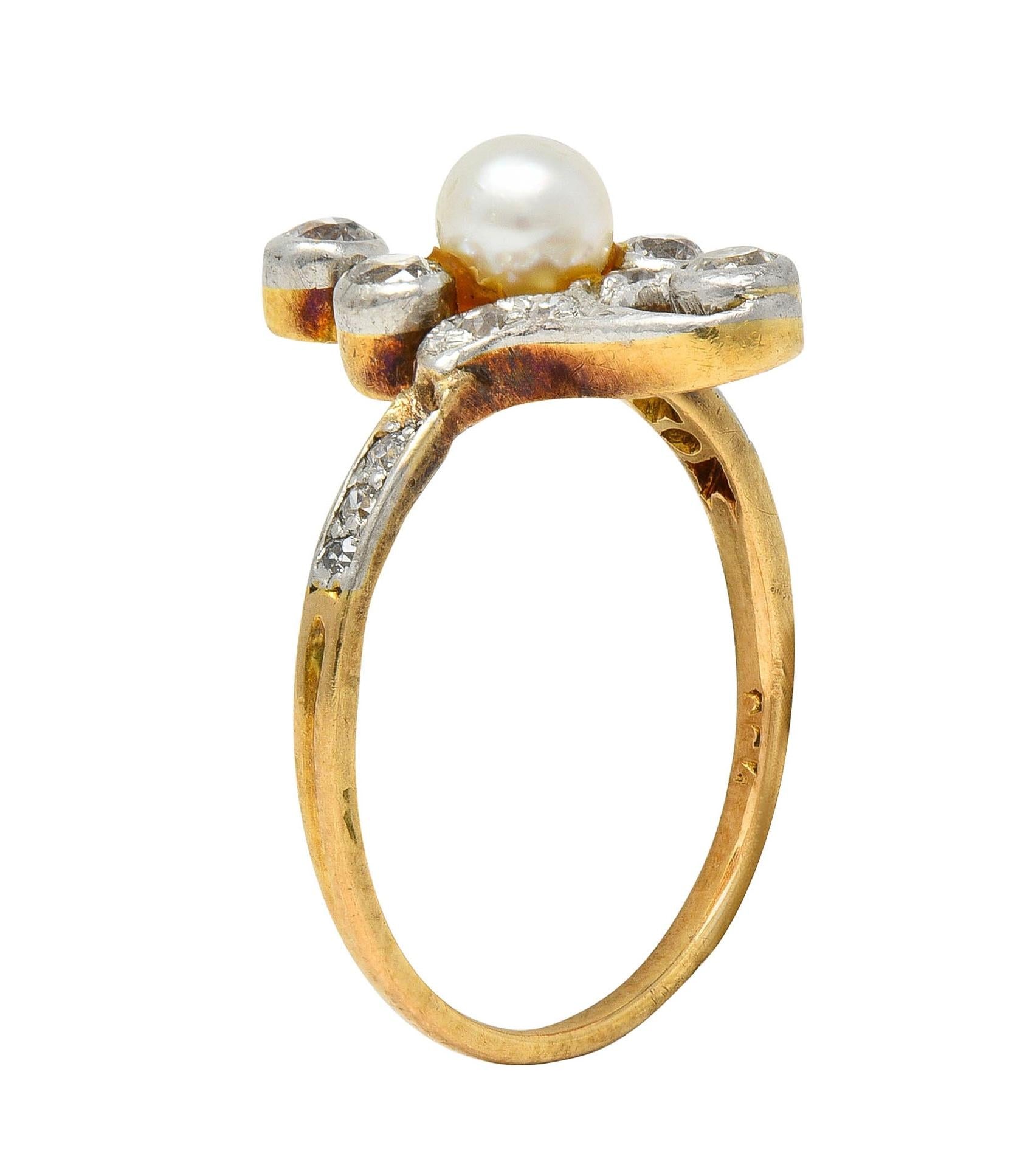 Edwardian Pearl Diamond Platinum-Topped 18 Karat Gold Antique Navette Ring