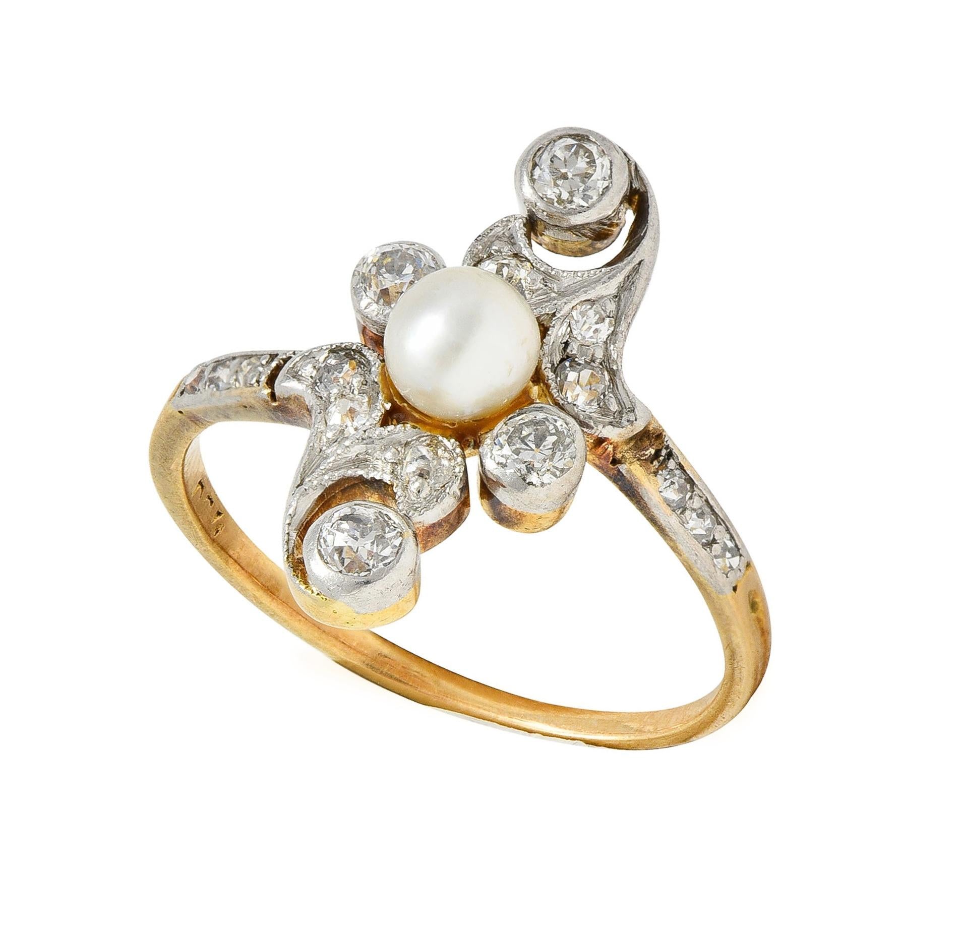 Edwardian Pearl Diamond Platinum-Topped 18 Karat Gold Antique Navette Ring