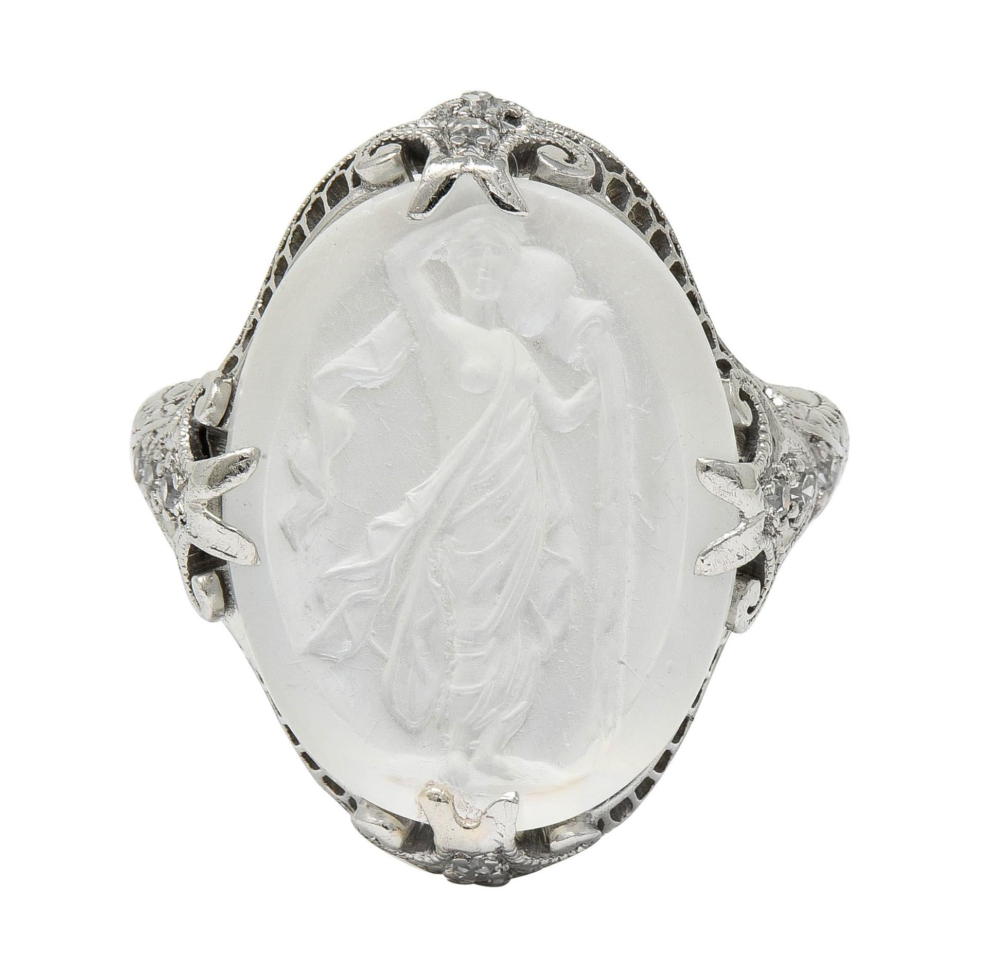 Edwardian Moonstone Diamond Platinum Antique Carved Venus Intaglio Ring