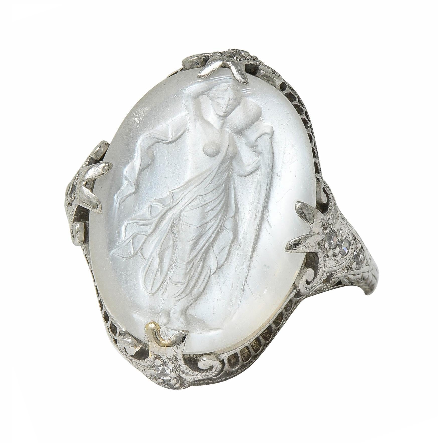 Edwardian Moonstone Diamond Platinum Antique Carved Venus Intaglio Ring